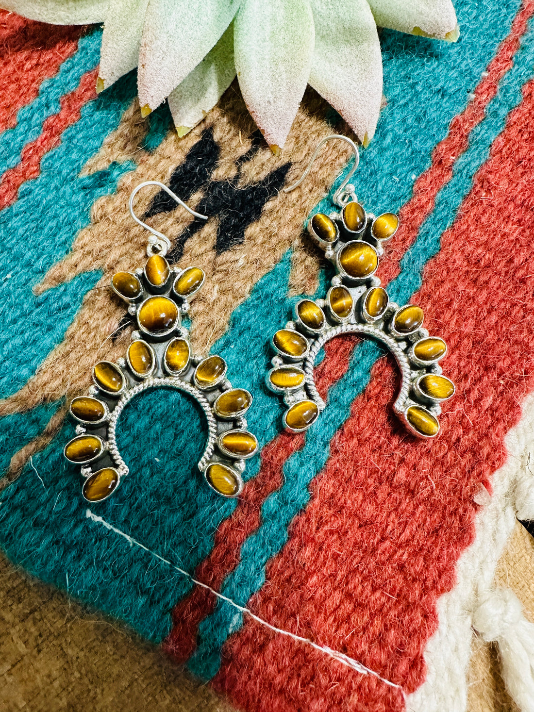 Handmade Tigers Eye & Sterling Silver Naja Style Dangle Earrings Signed Nizhoni