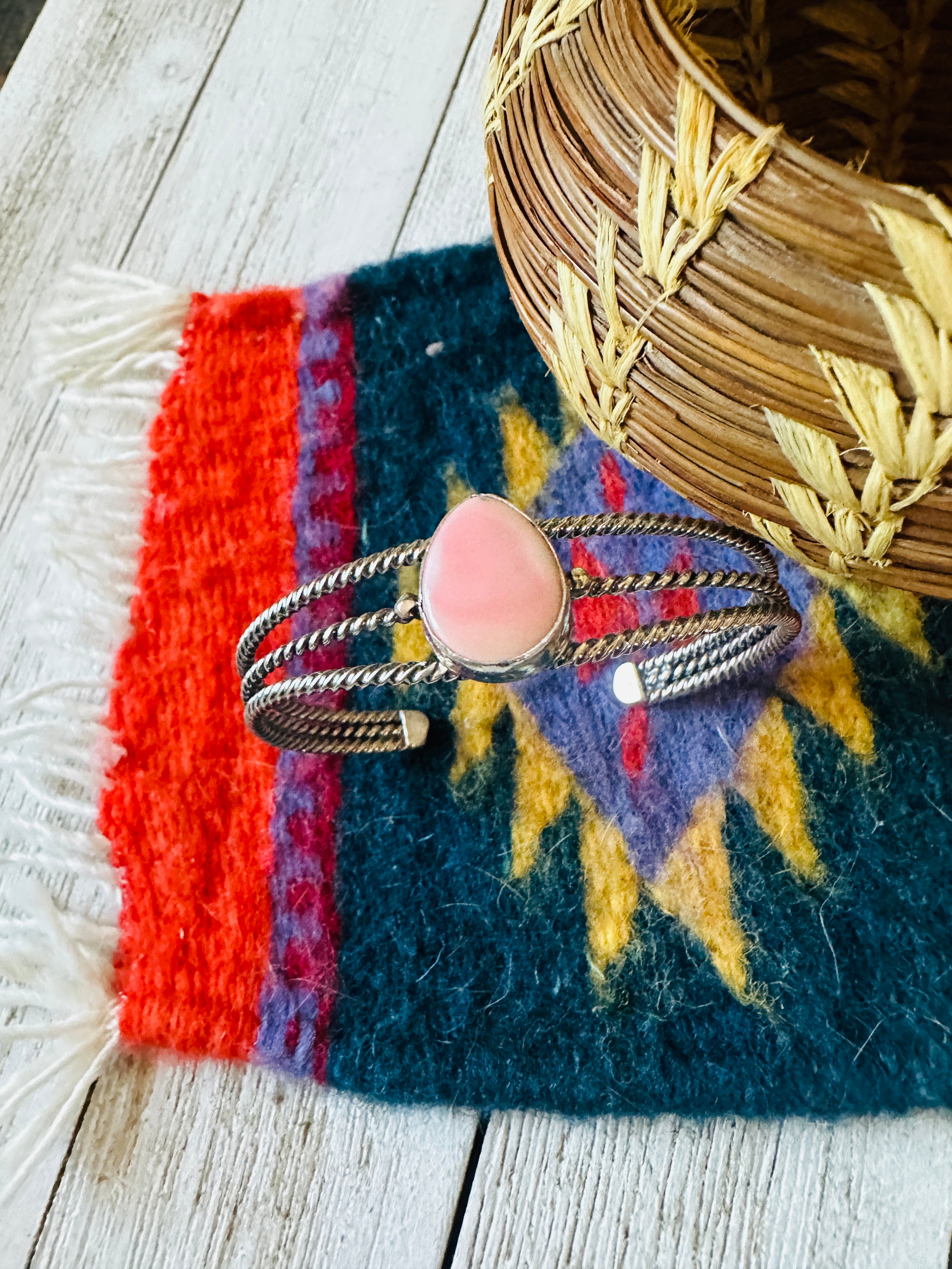 Navajo Queen Pink Conch Shell & Sterling Silver Cuff Bracelet