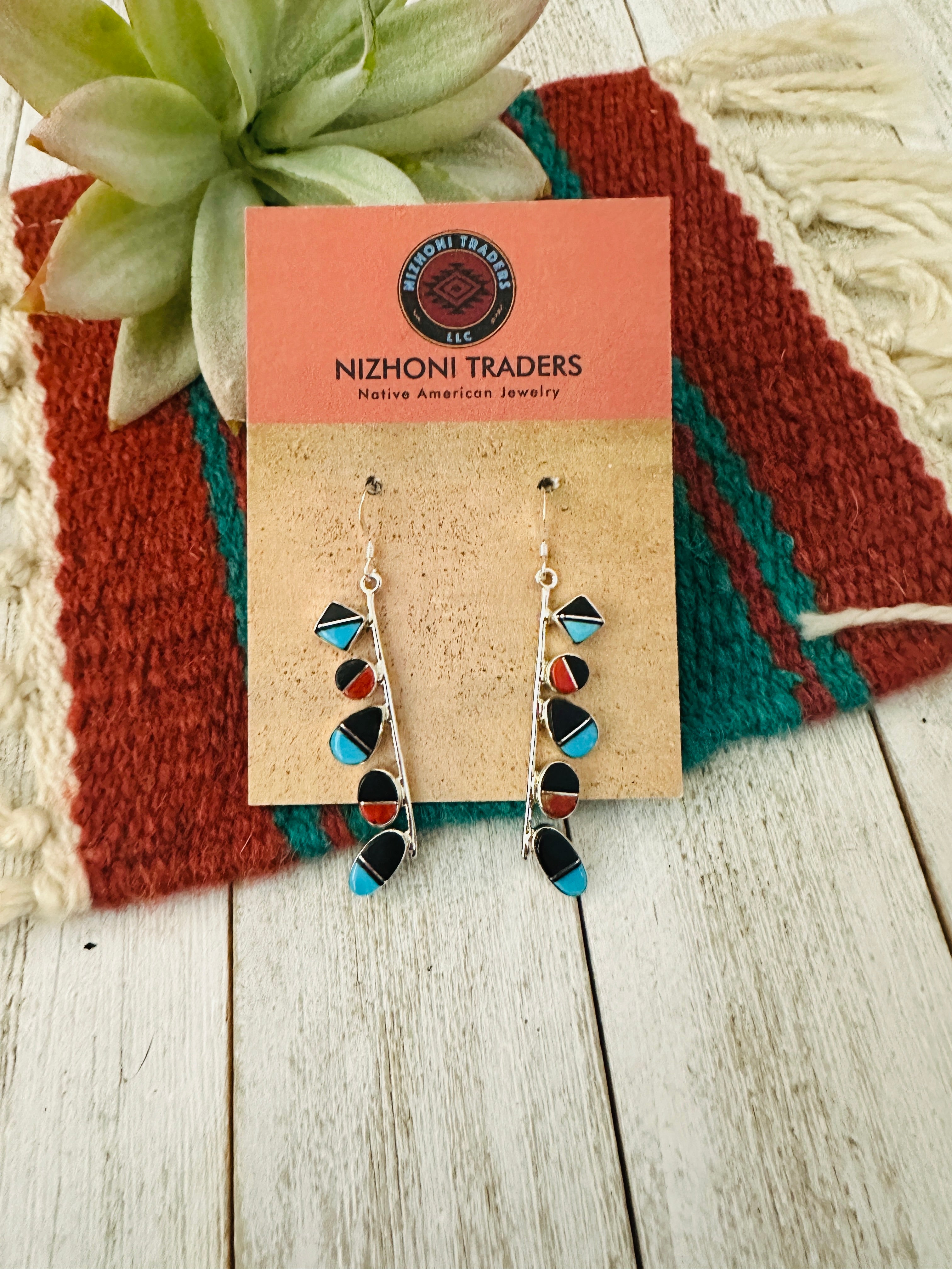 Navajo Multi Stone & Sterling Silver Inlay Dangle Earrings