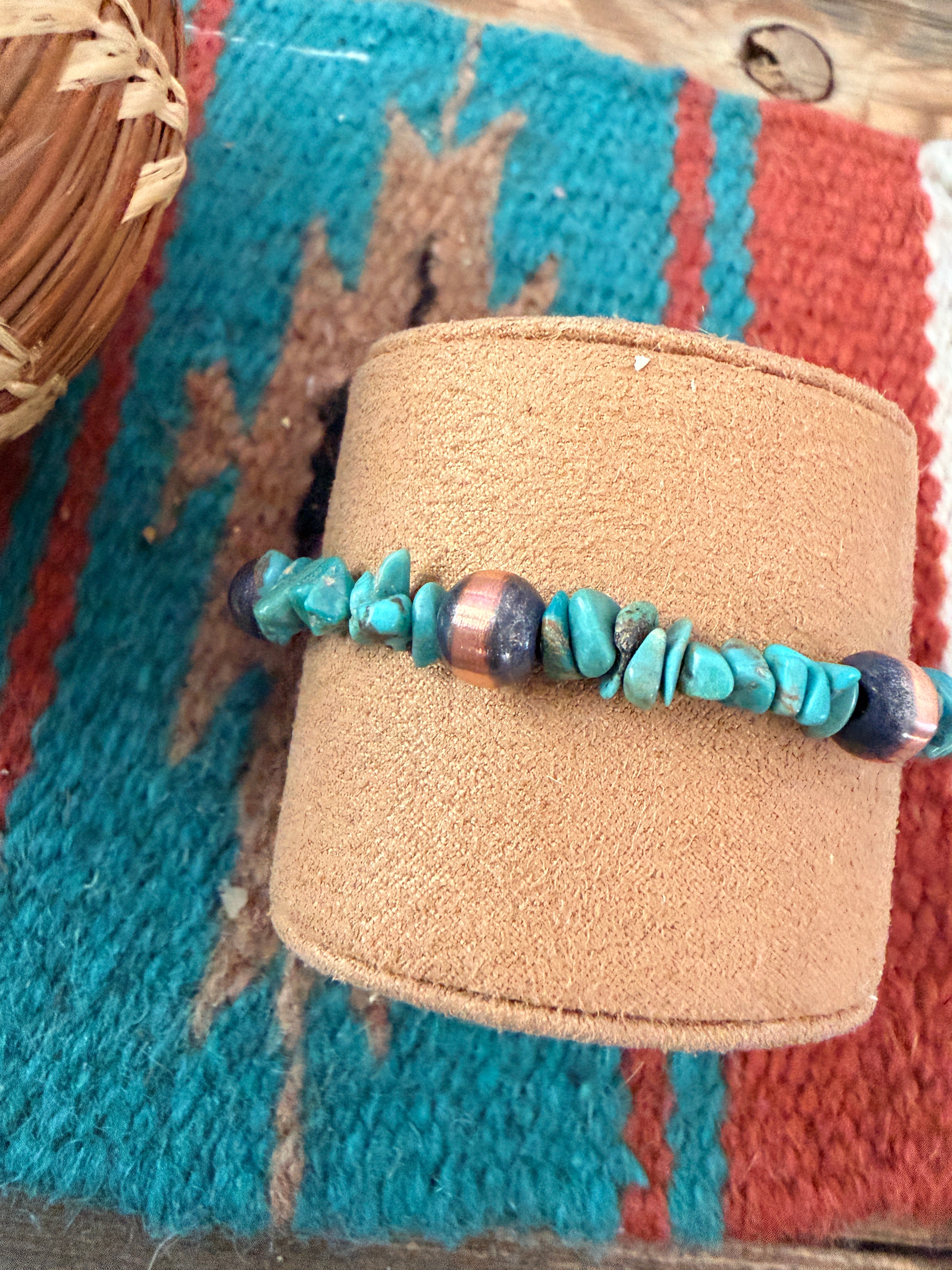 Handcrafted Turquoise & Copper Beaded Bracelet 7.5”