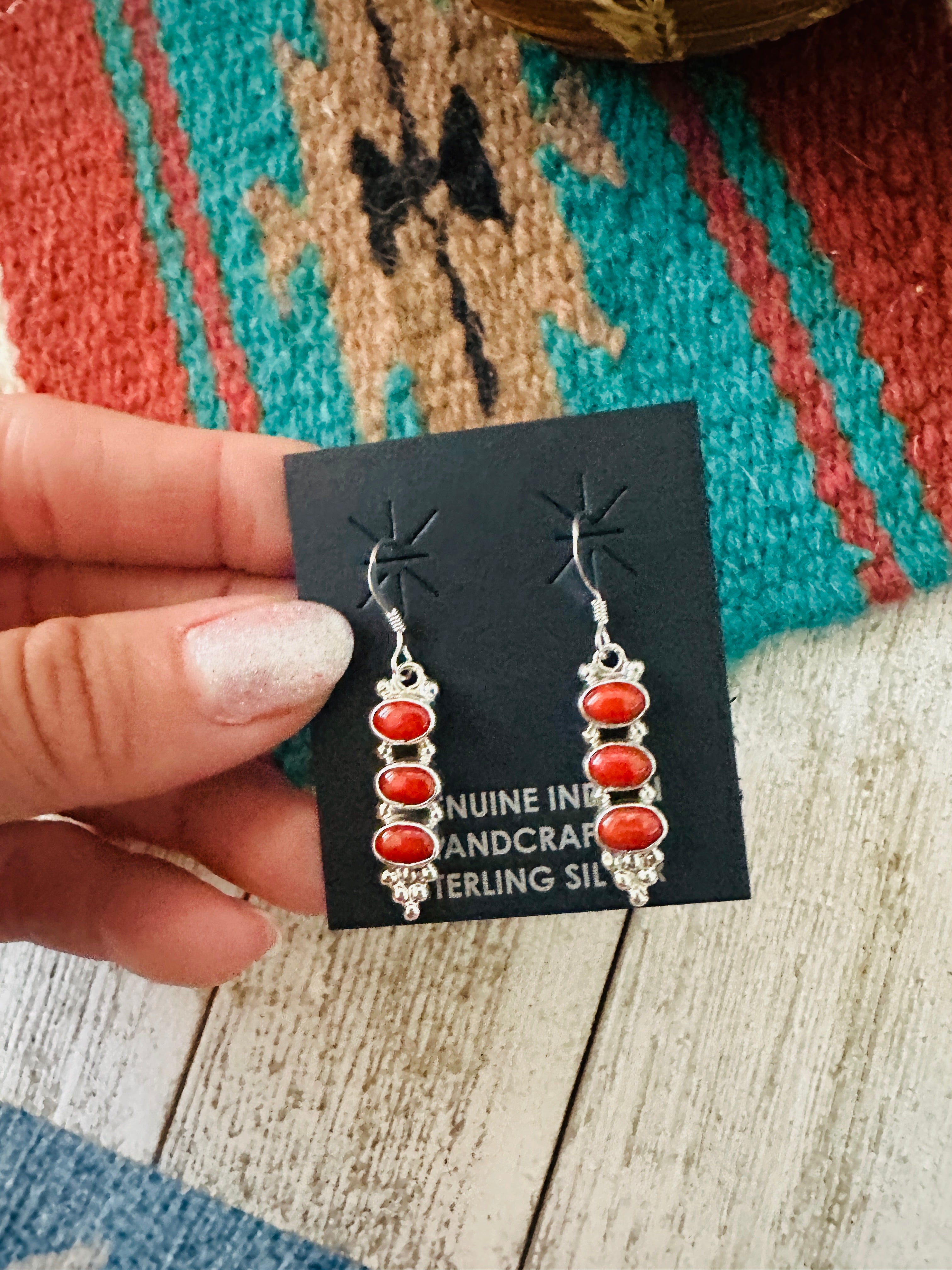 Navajo Sterling Silver & Coral Dangle Earrings