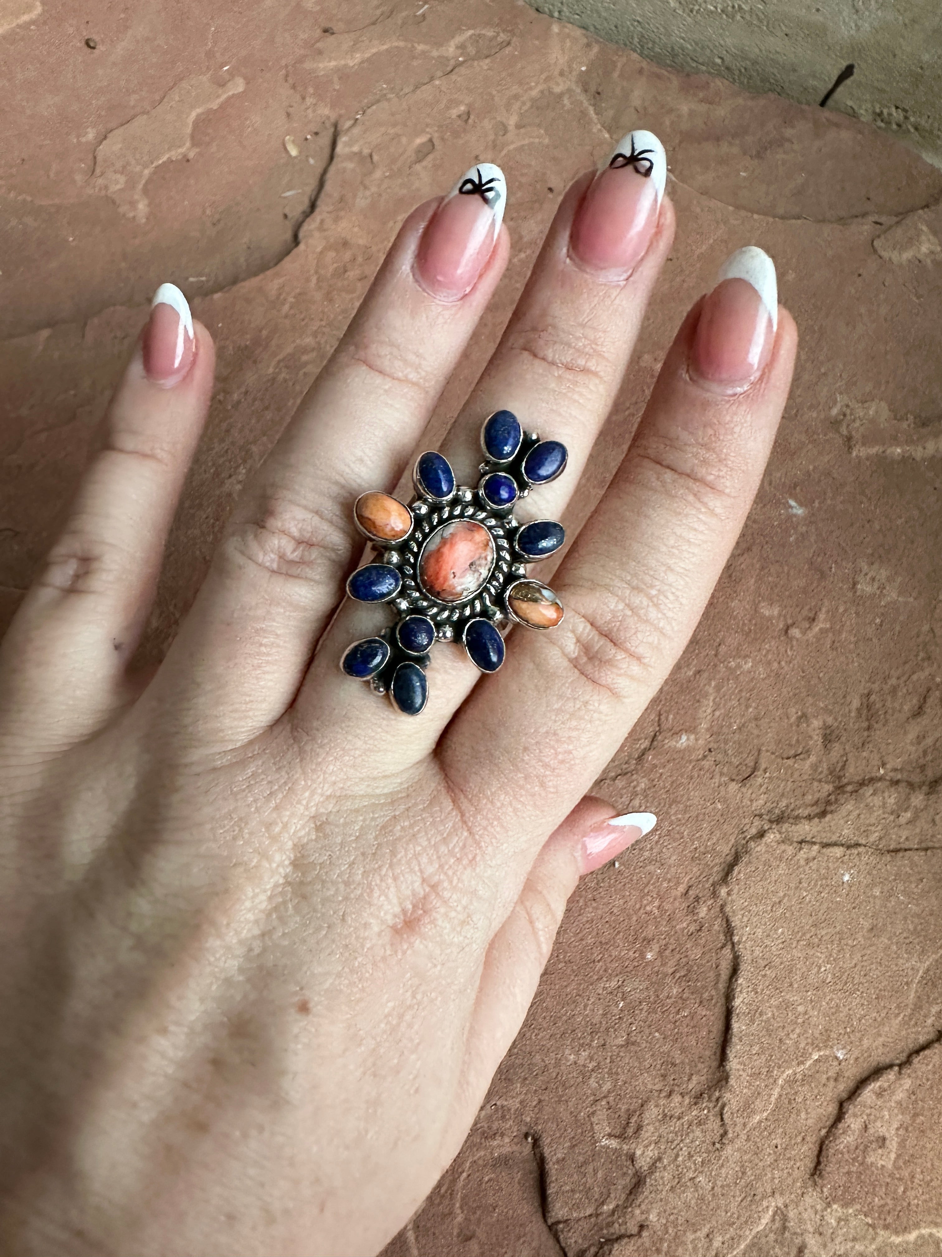 Beautiful Handmade Lapis, Spice And Sterling Silver Adjustable Ring