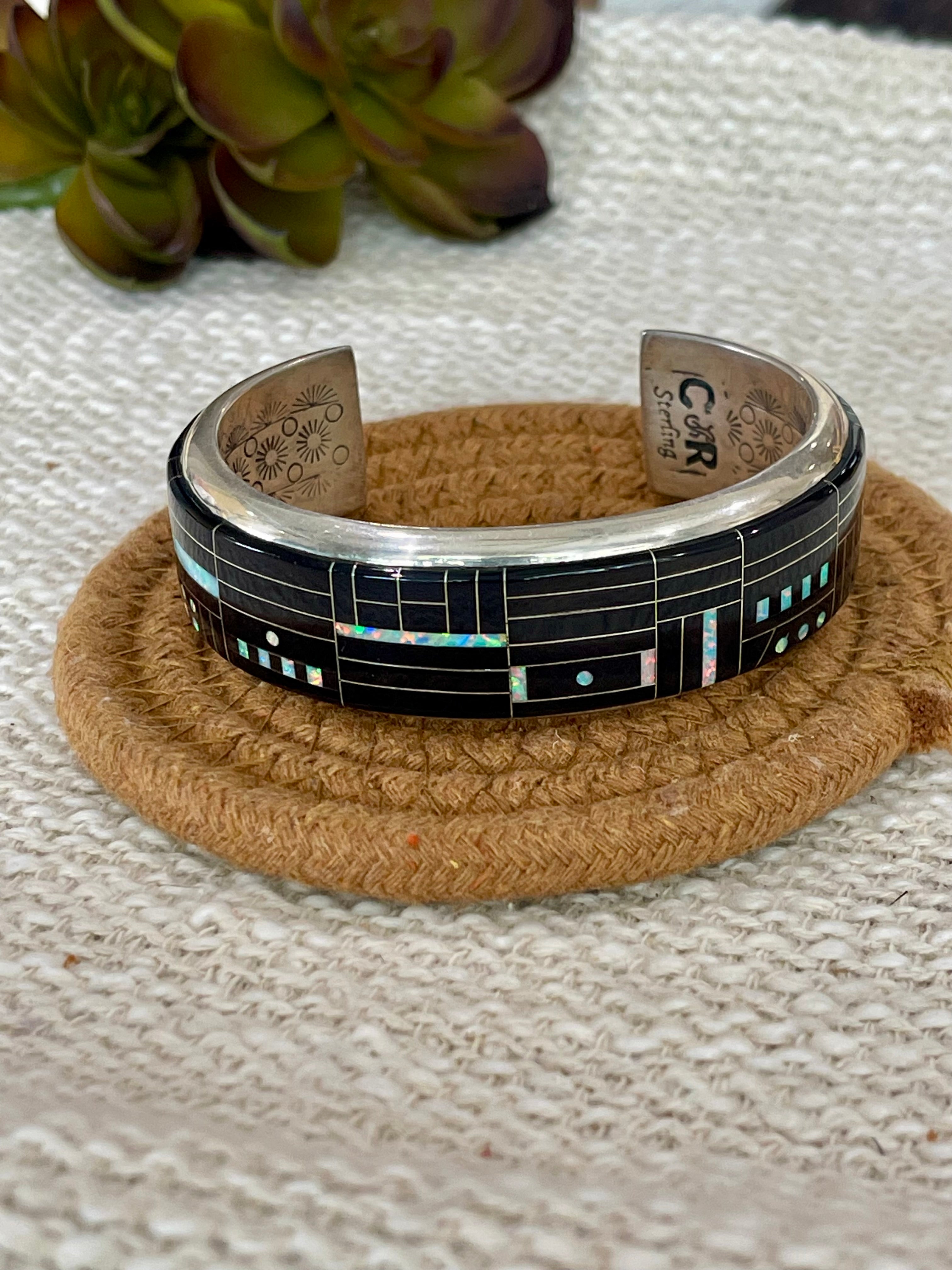 Beautiful Handmade Sterling Silver & Multi Stone, Onyx Inlay Cuff Bracelet