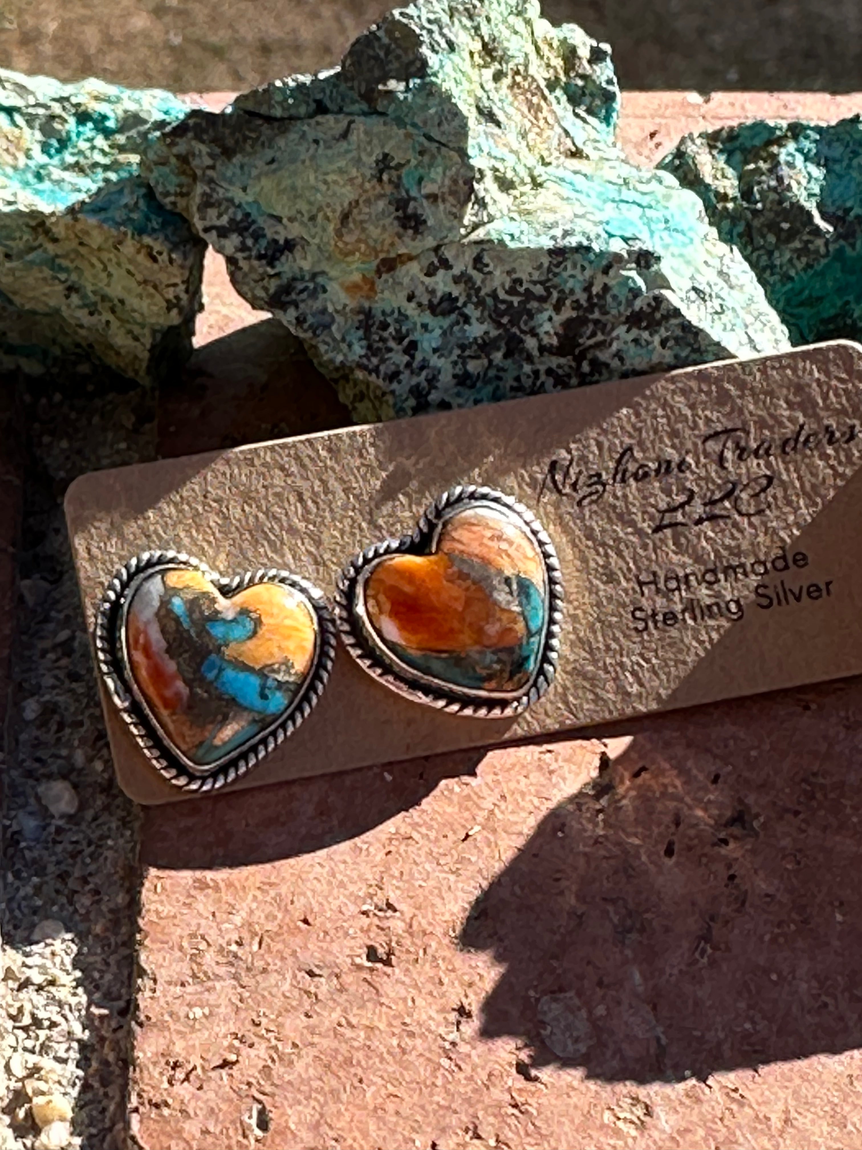 Handmade Spice and Sterling Silver Heart Earrings Signed Nizhoni