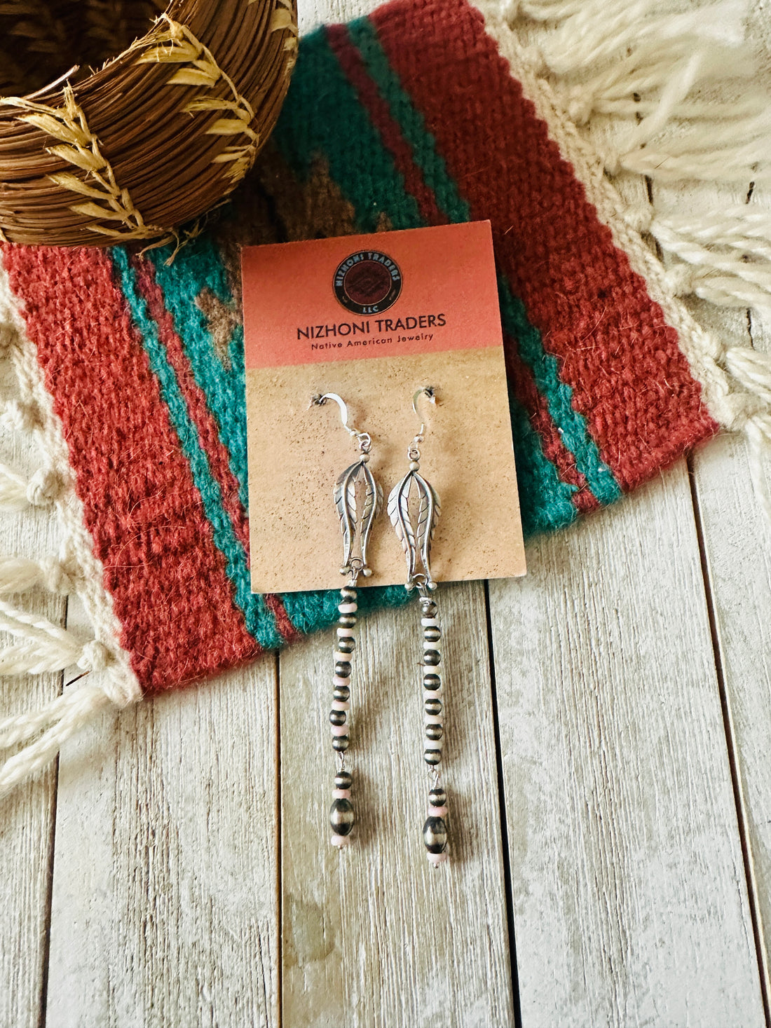 Queen Pink Conch & Sterling Silver Pearl Beaded Feather Earrings