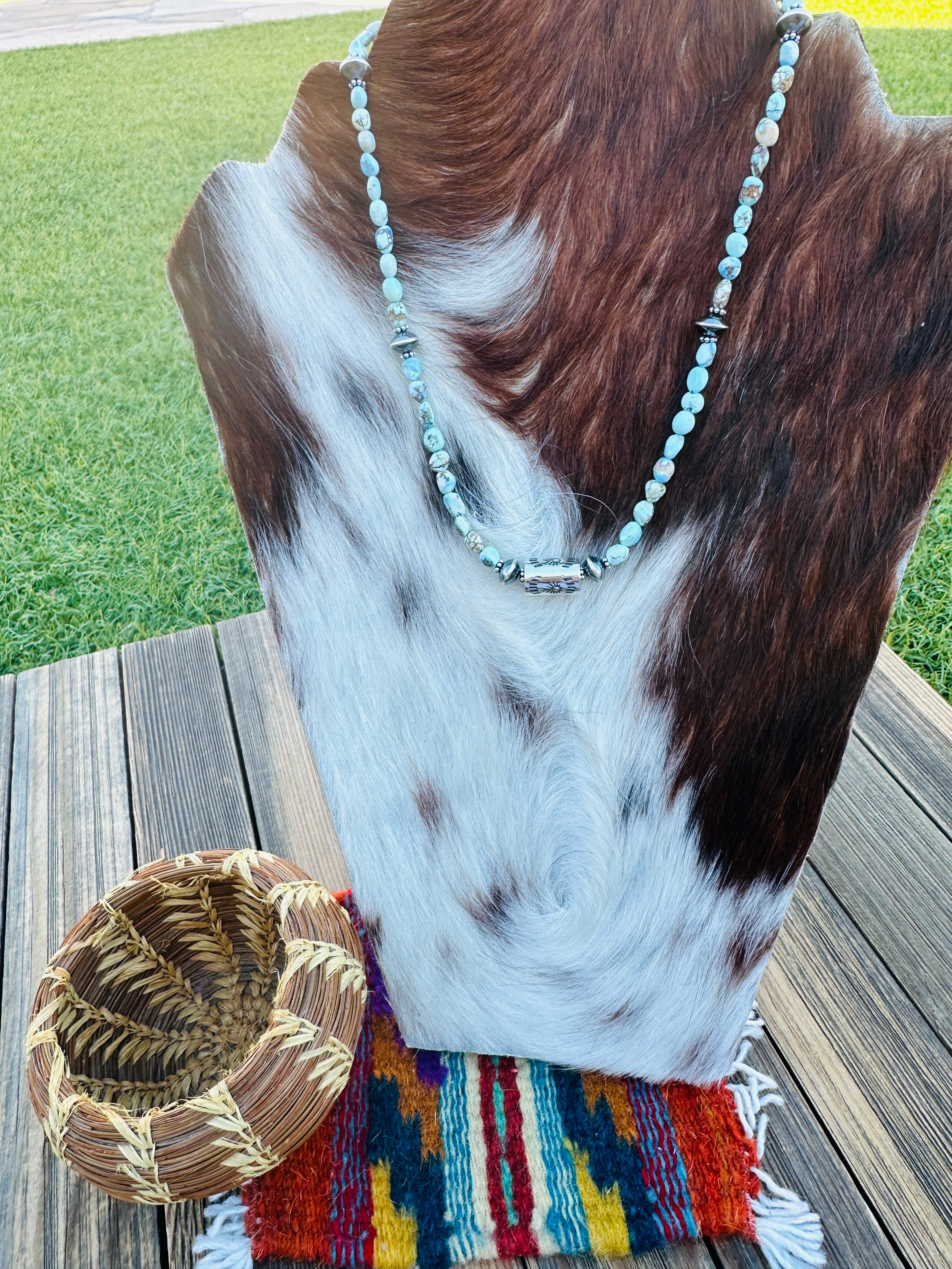 Handcrafted Golden Hills Turquoise & Sterling Silver 16” Beaded Necklace