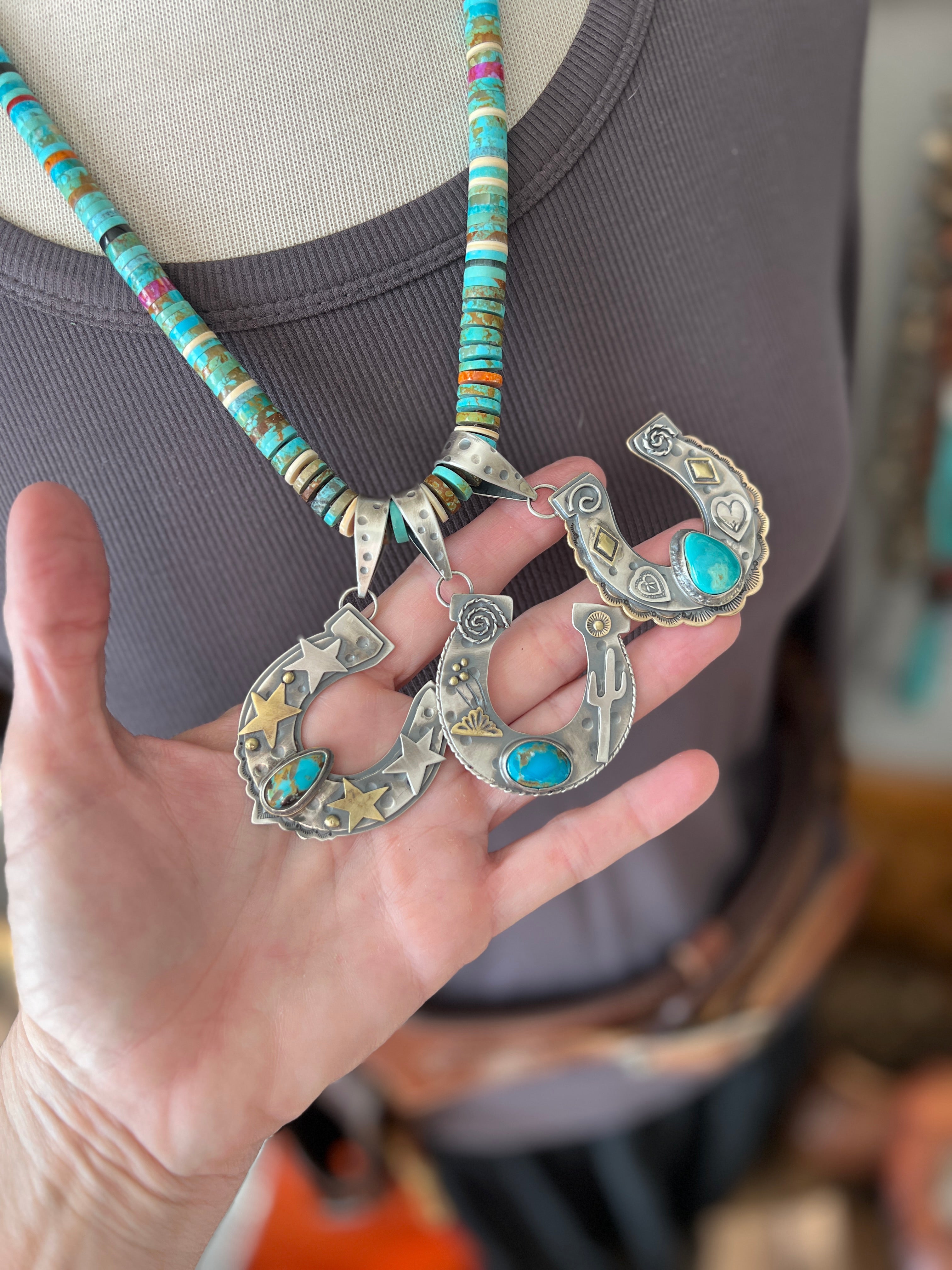 Kimari Somers Hand Stamped Sterling Silver Star Horseshoe Pendant with Brass Accents & Royston Turquoise