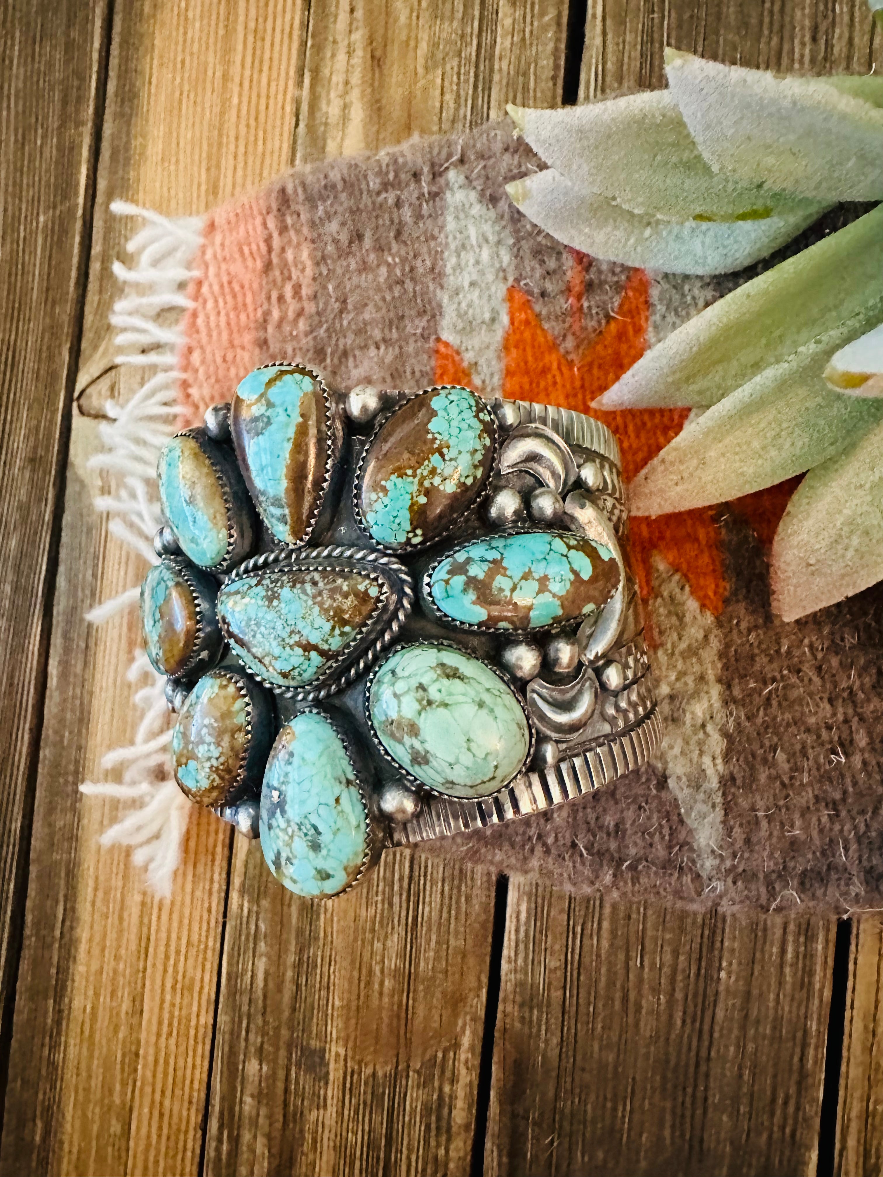 Navajo Number 8 Turquoise & Sterling Silver Cluster Cuff Bracelet