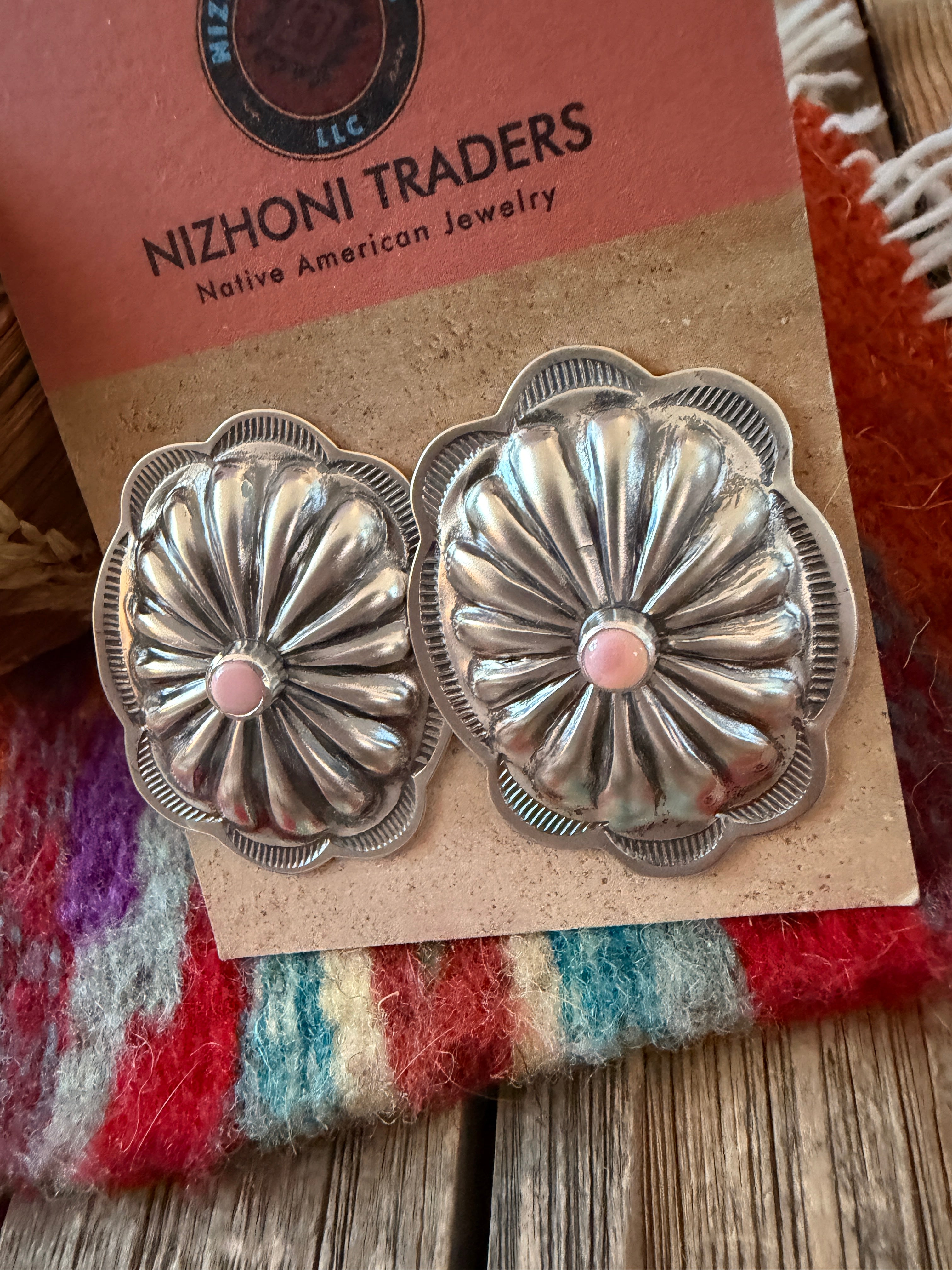Handcrafted Queen Pink Conch & Sterling Silver Concho Post Earrings