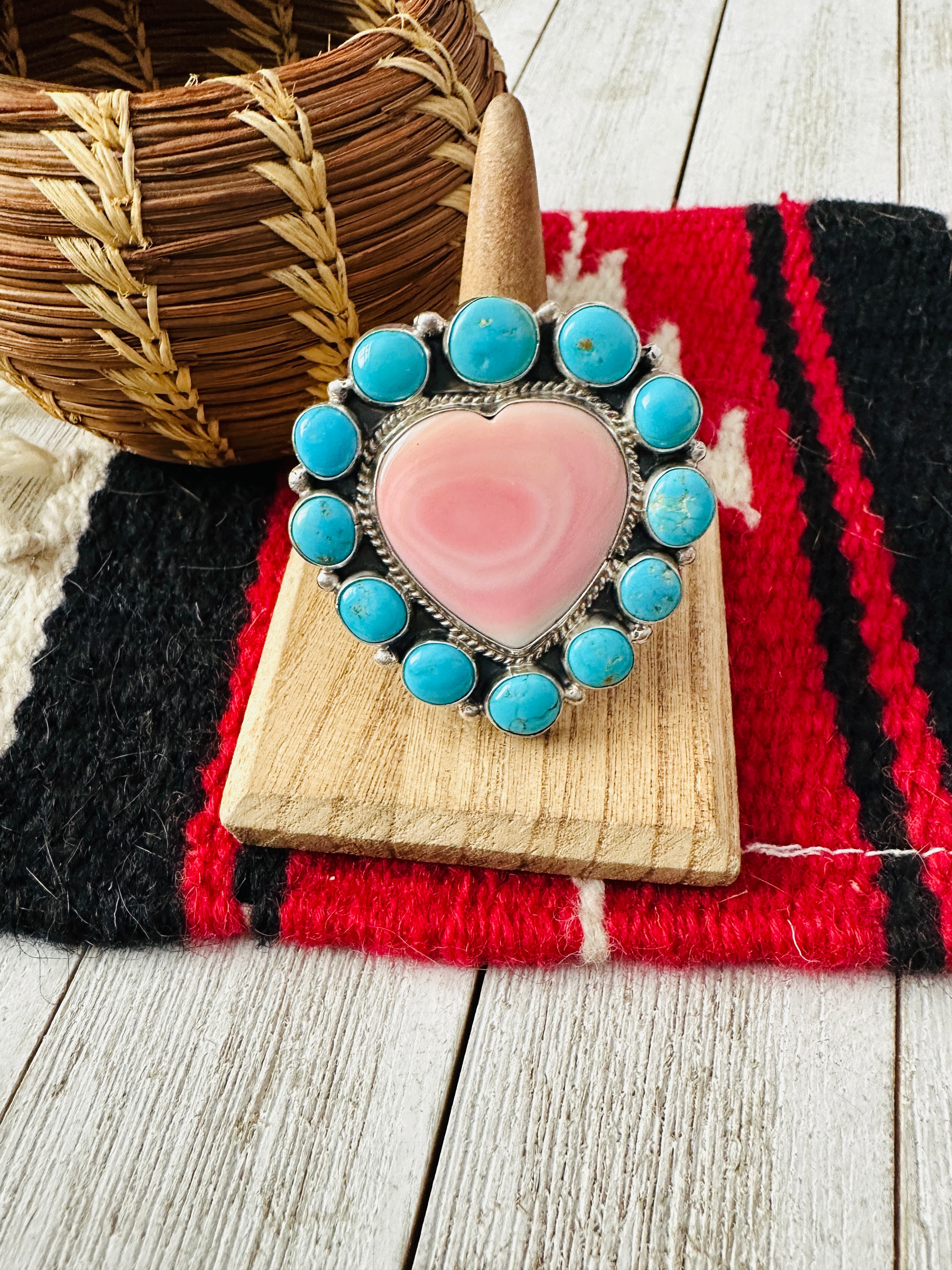 Navajo Sterling Silver, Queen Pink Conch & Turquoise Heart Adjustable Ring