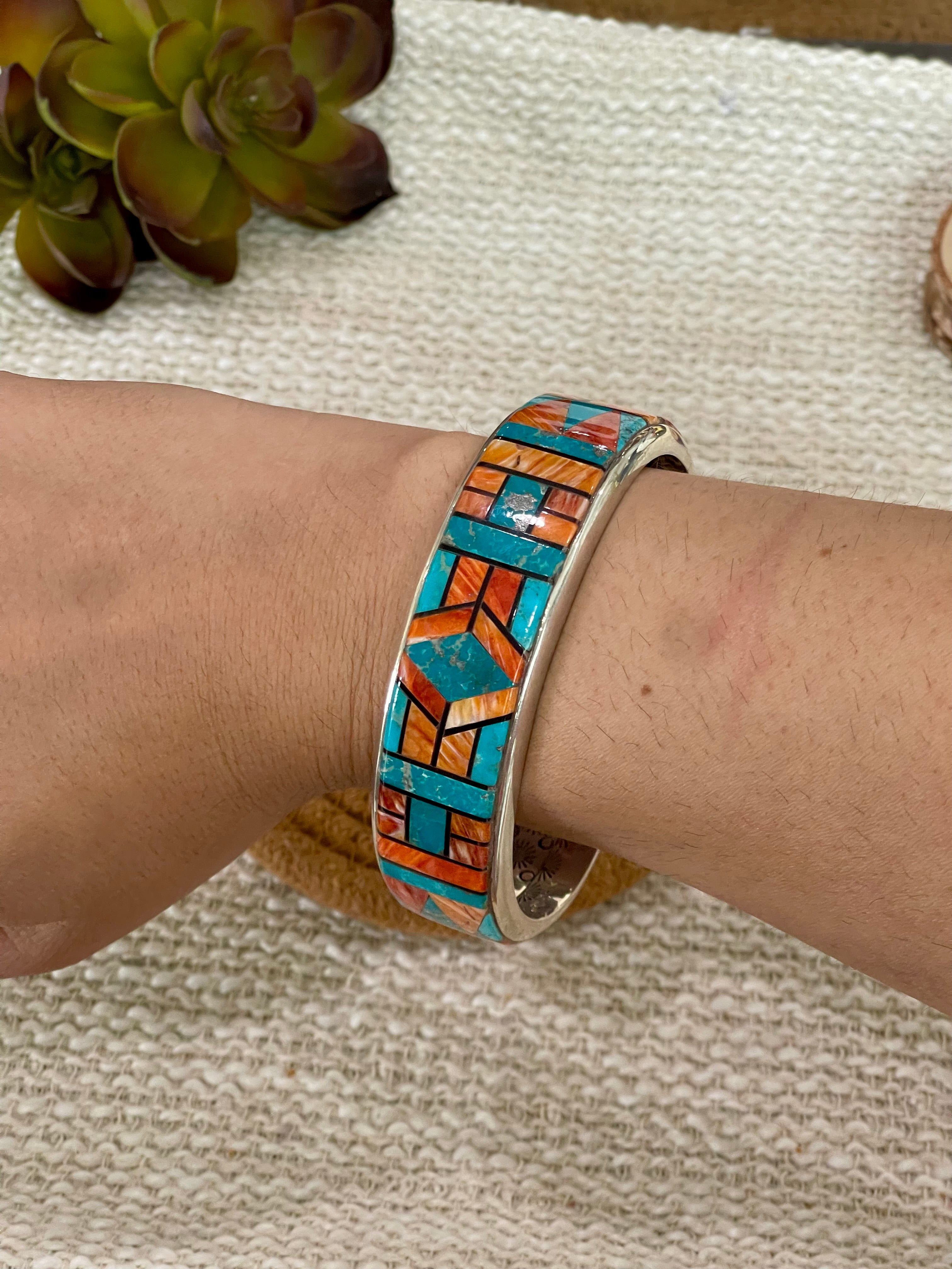 Gorgeous Handmade Sterling Silver & Multi Stone Inlay Cuff Bracelet