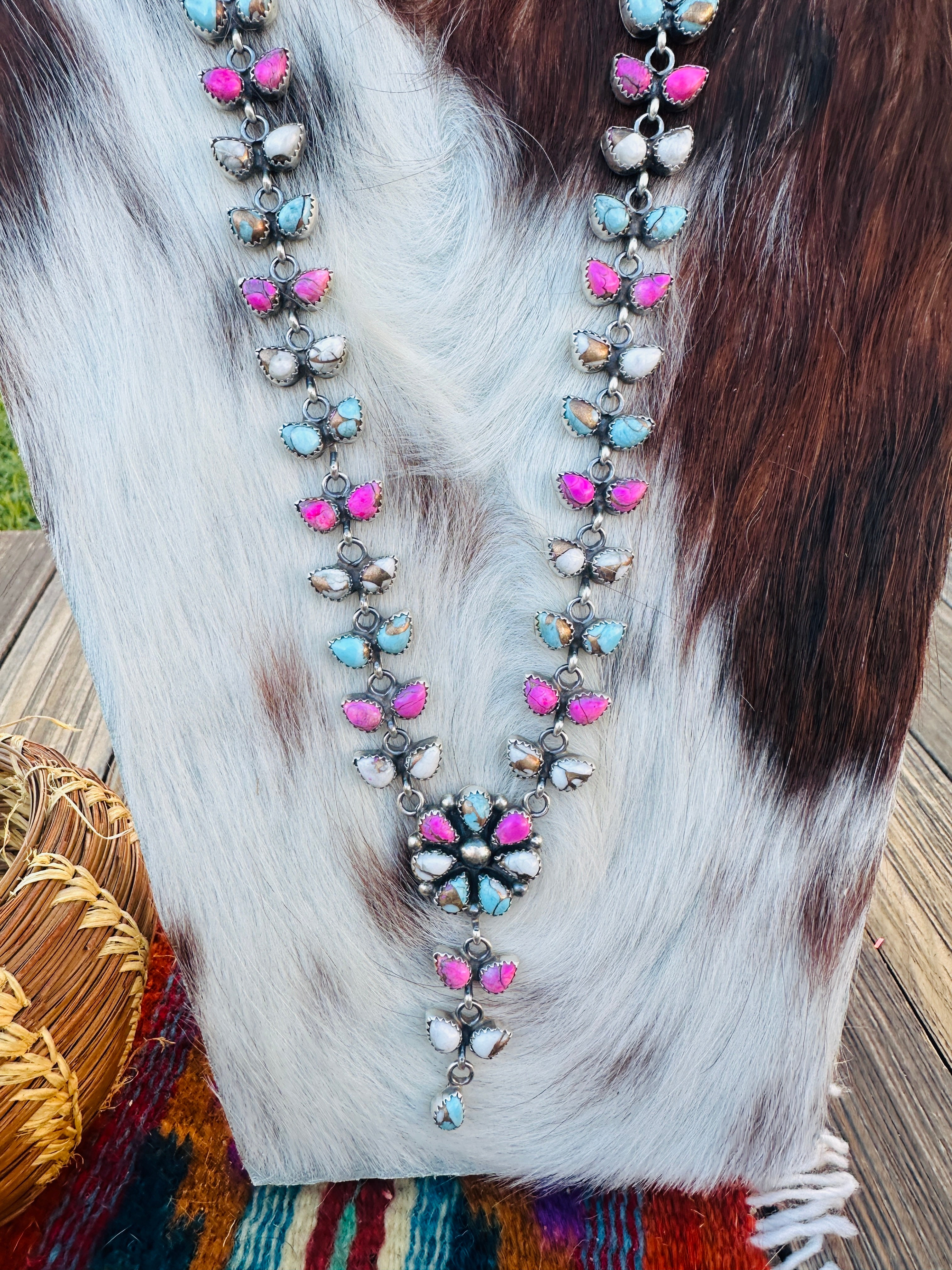 Handcrafted Cotton Candy & Sterling Silver Flower Cluster Necklace by Pearlene Spencer