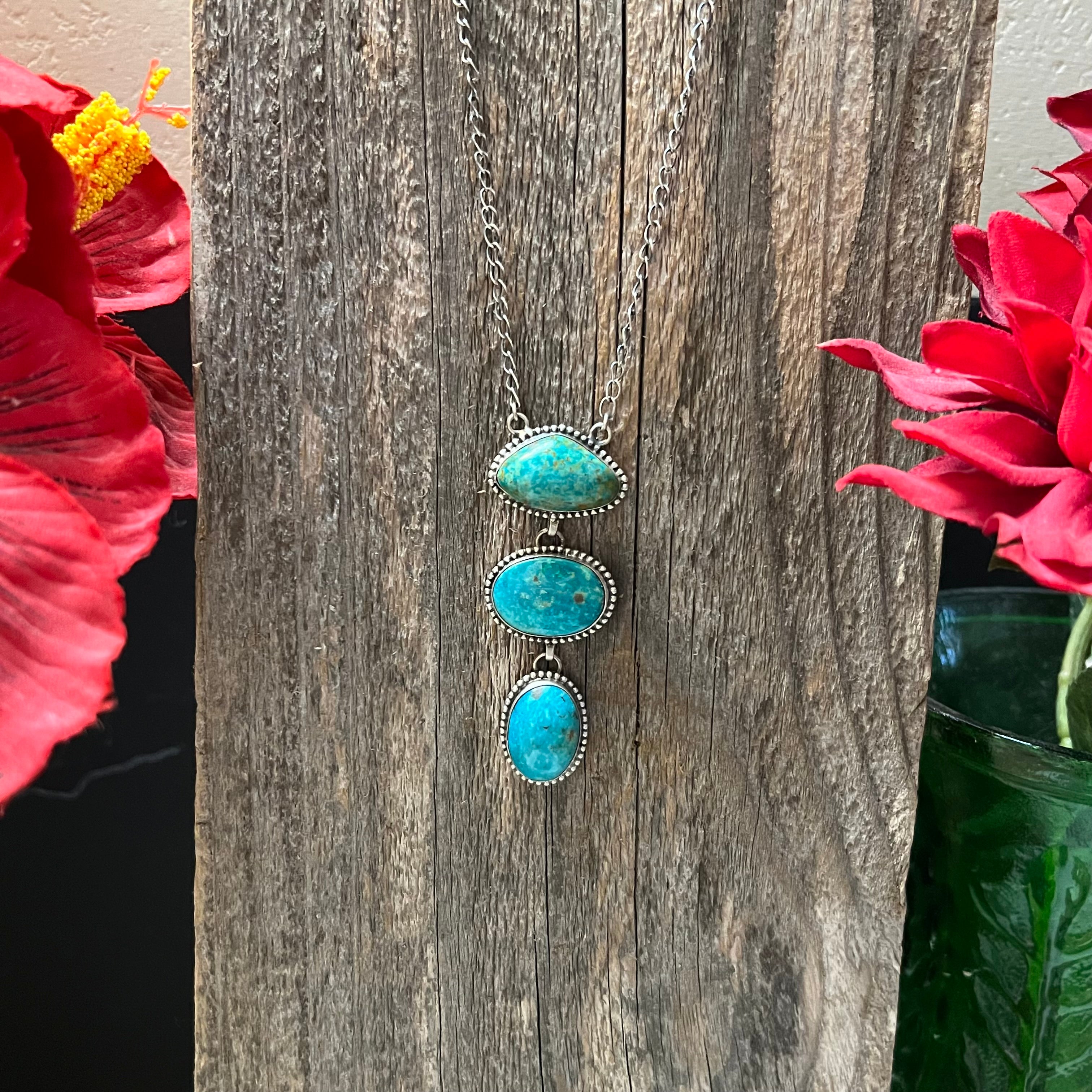 Handmade 3 Stone Turquoise & Sterling Silver Drop Necklace (01)