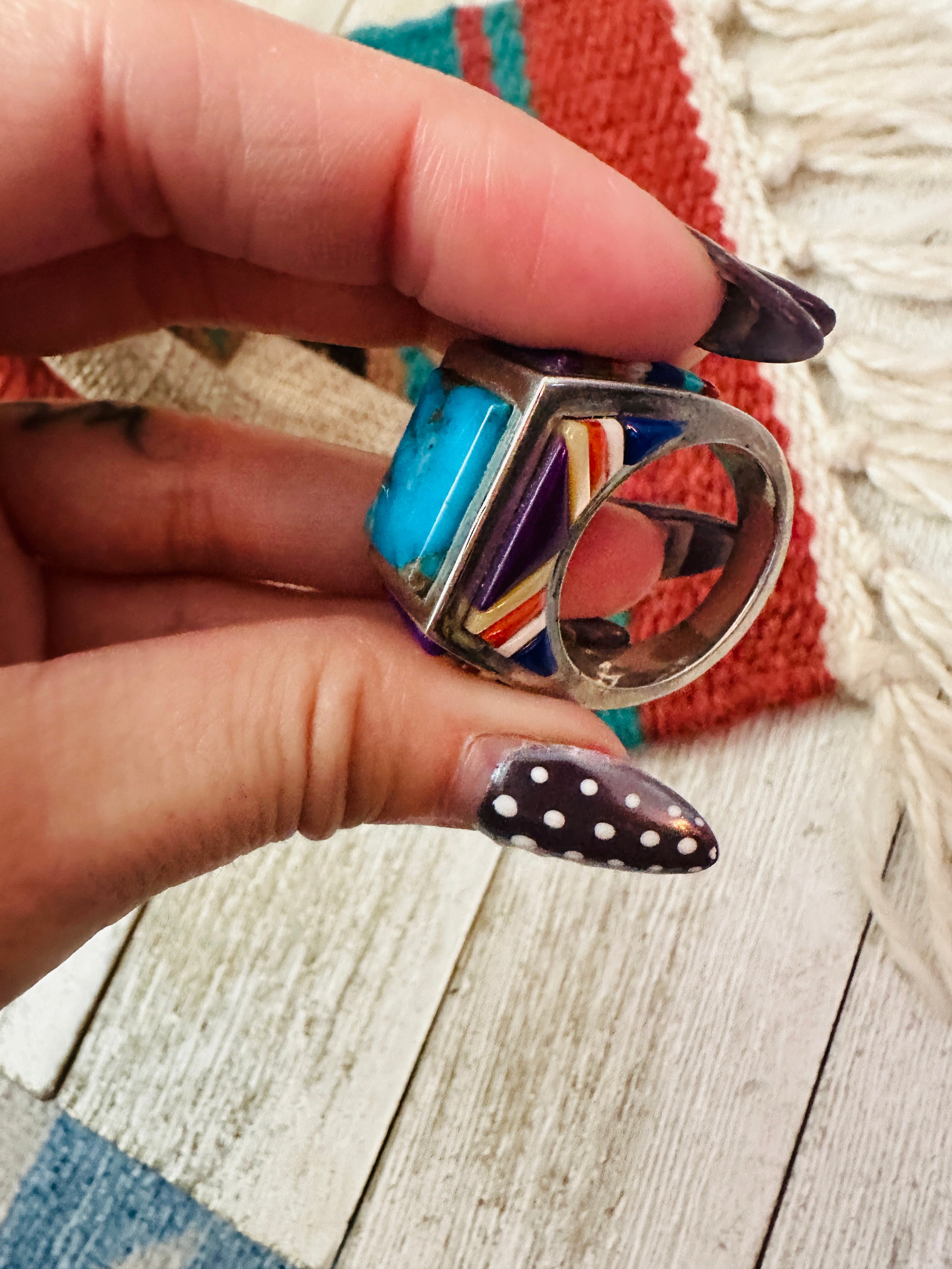 Old Pawn Handcrafted Multi Stone & Sterling Silver Inlay Ring Size 10.75