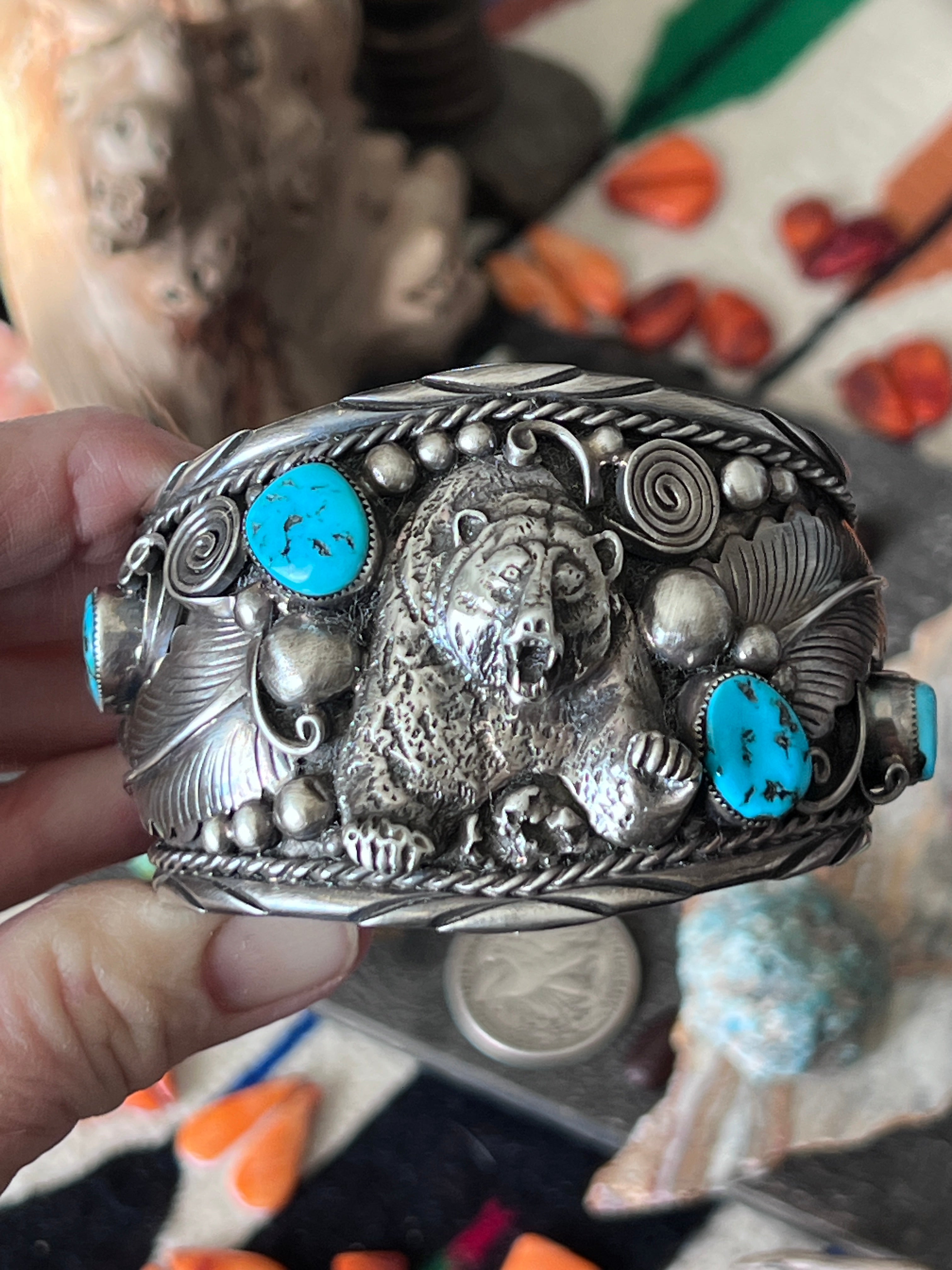 Old Pawn Sterling Silver and Kingman Turquoise Bear Motif Cuff by Running Bear