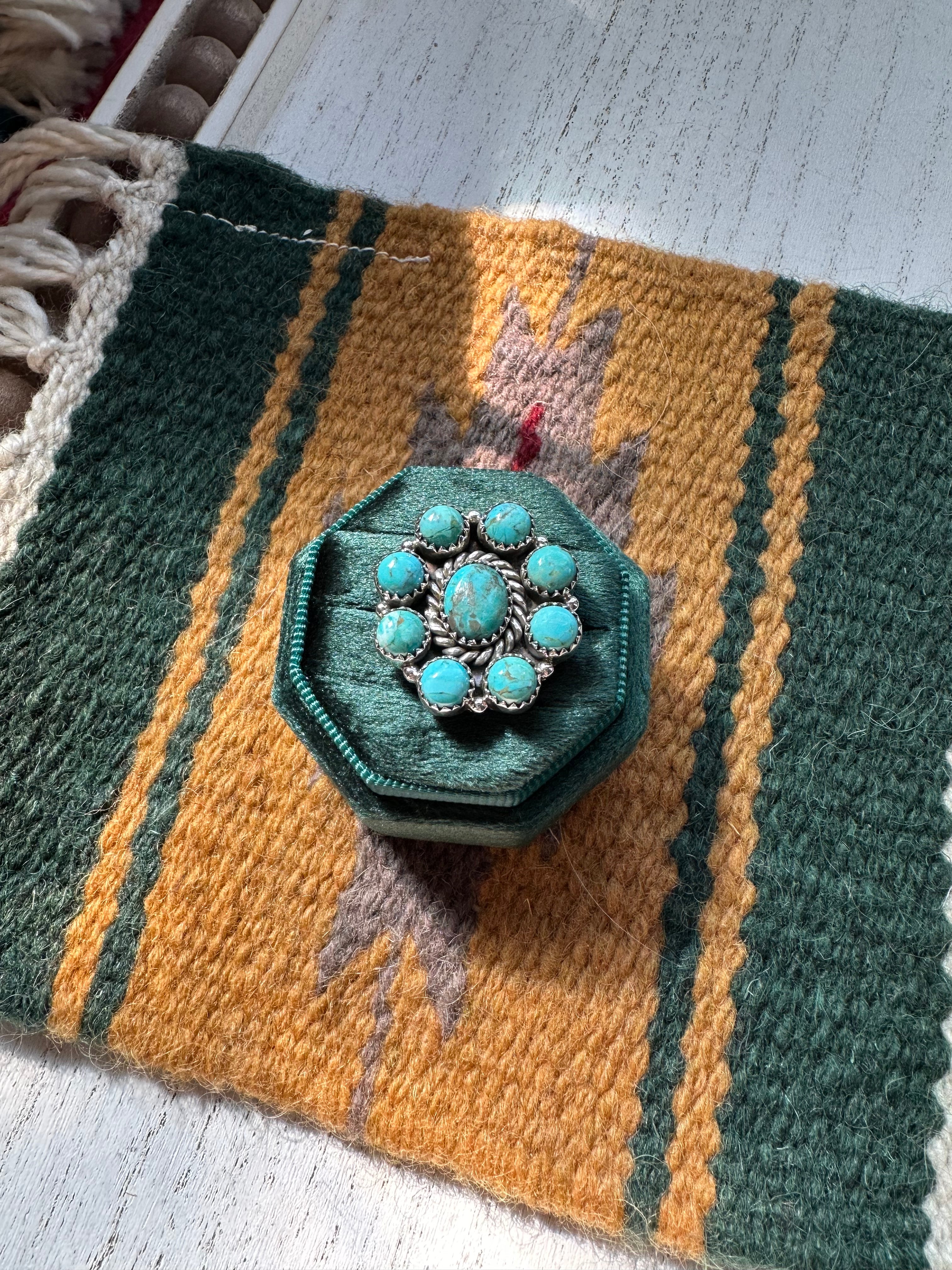 Nizhoni Handmade Adjustable Turquoise Sterling Silver Flower Ring