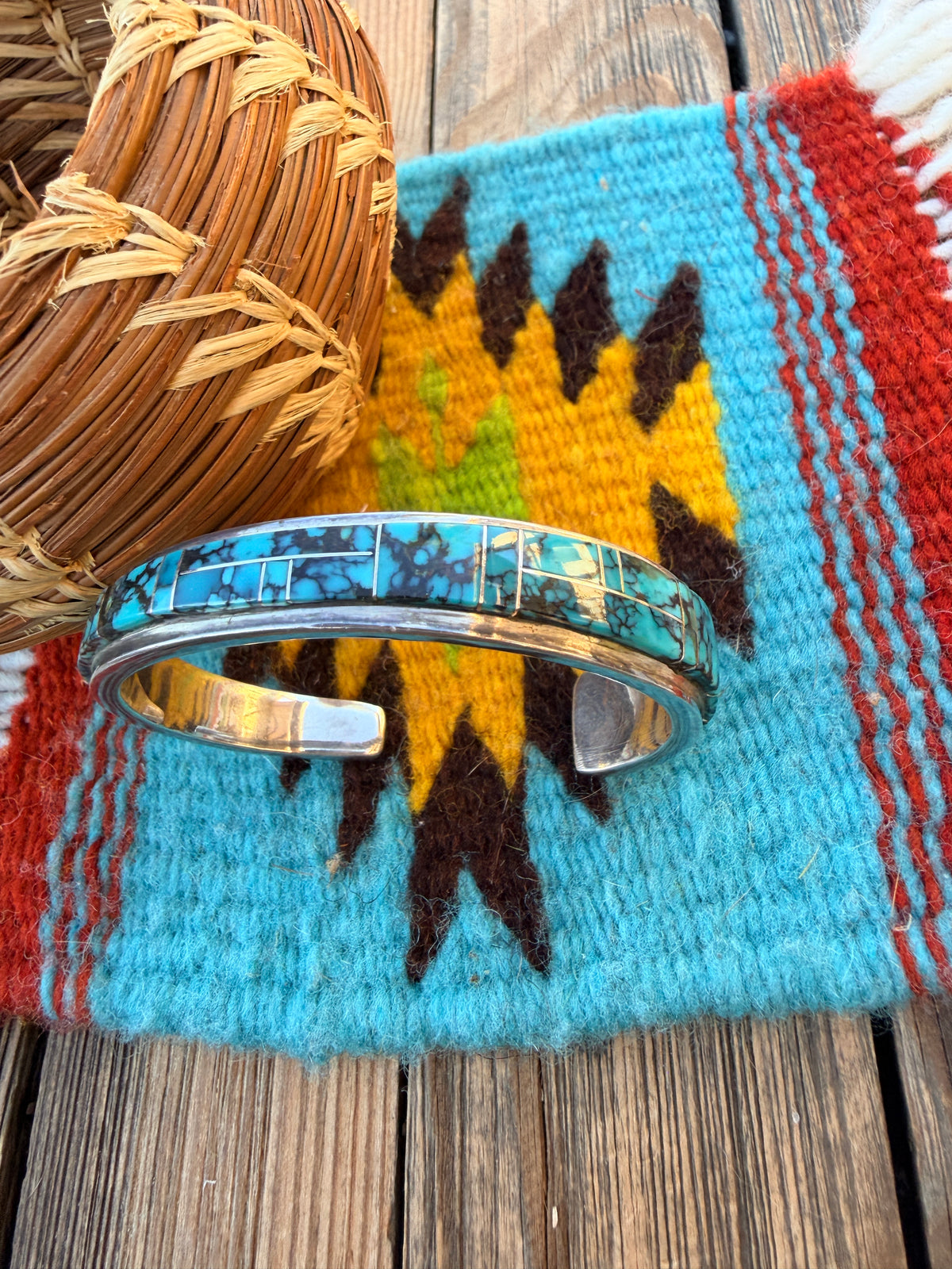 Handcrafted Old Pawn Sterling Silver & Turquoise Inlay Cuff Bracelet