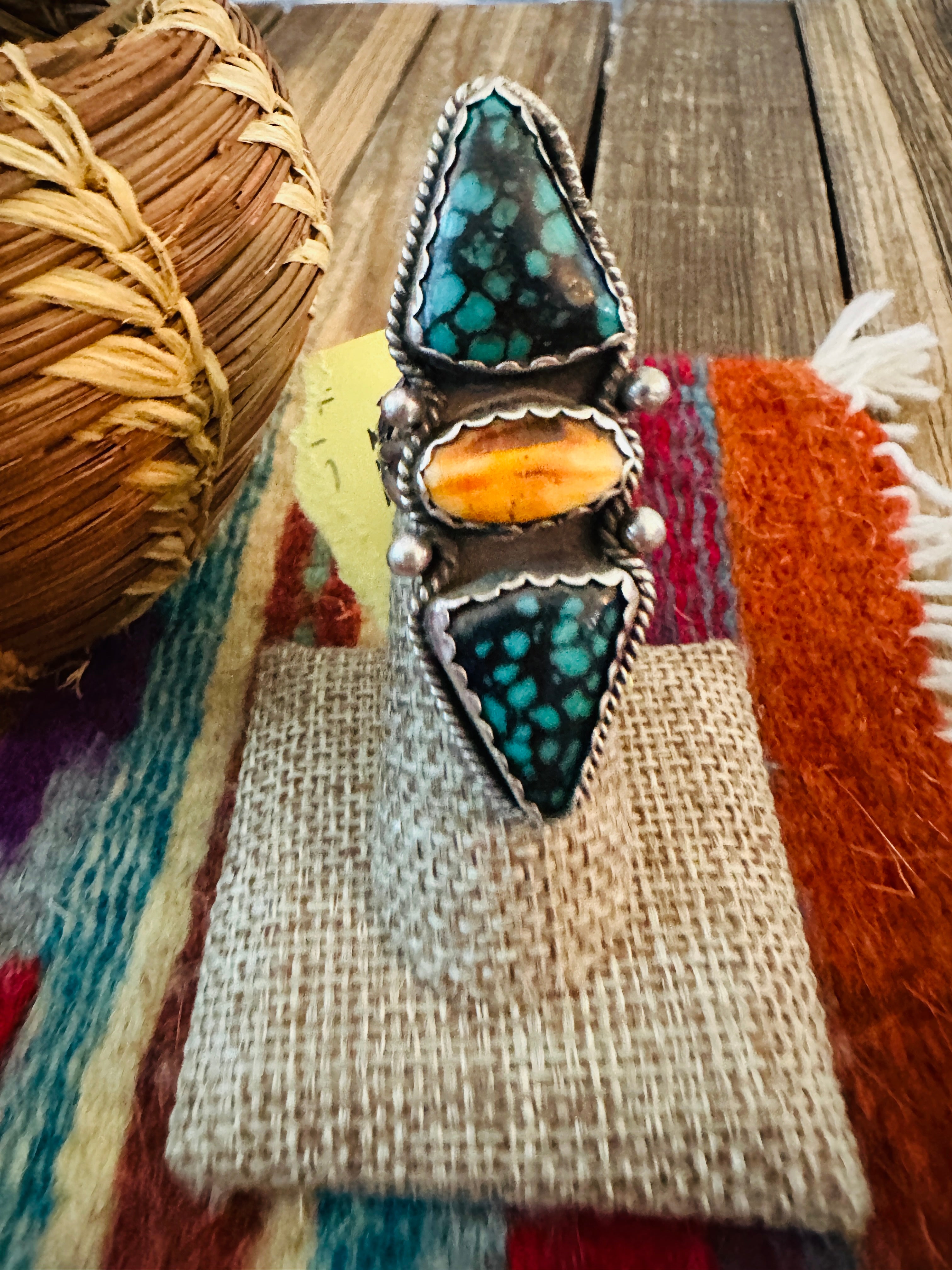 Old Pawn Handcrafted Spiderweb Turquoise, Spiny Oyster & Sterling Silver Ring Size 7