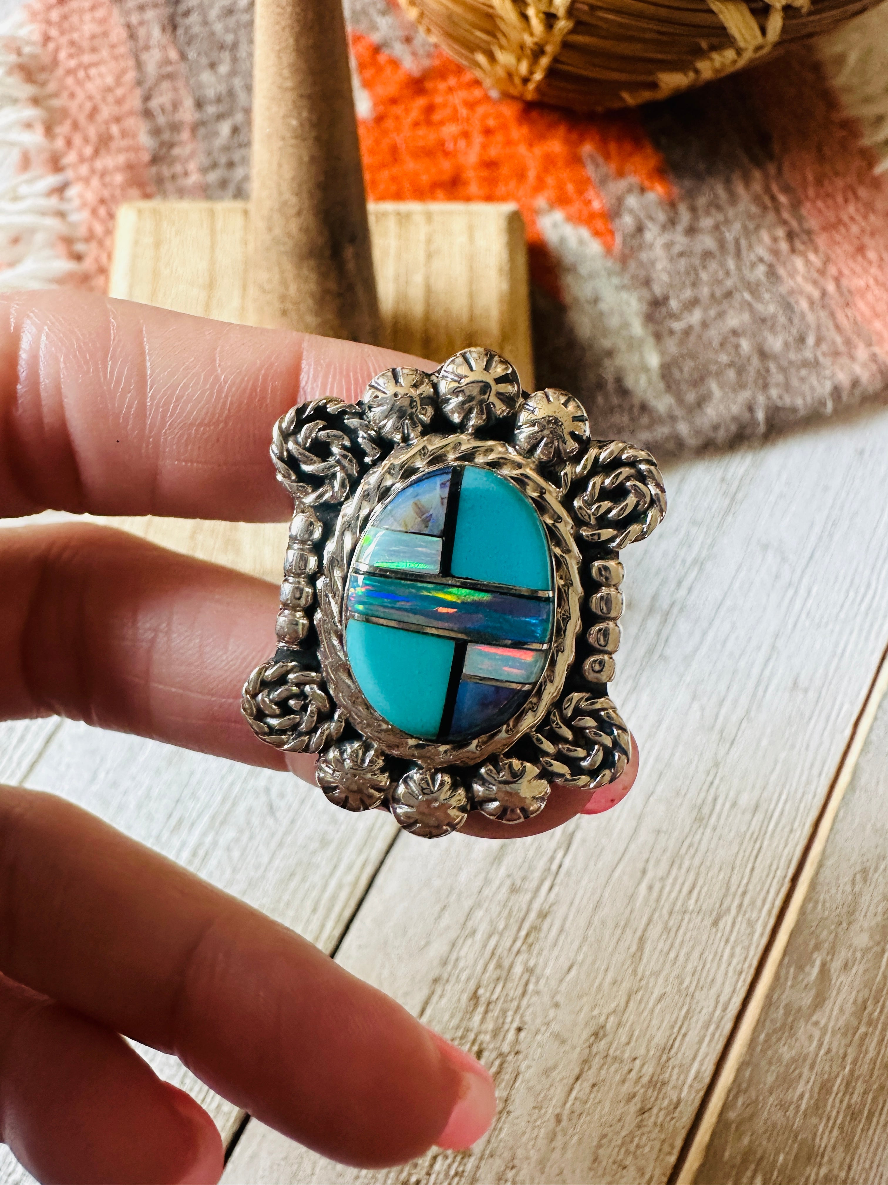 Navajo Sterling Silver & Multi Stone Inlay Ring Size 10