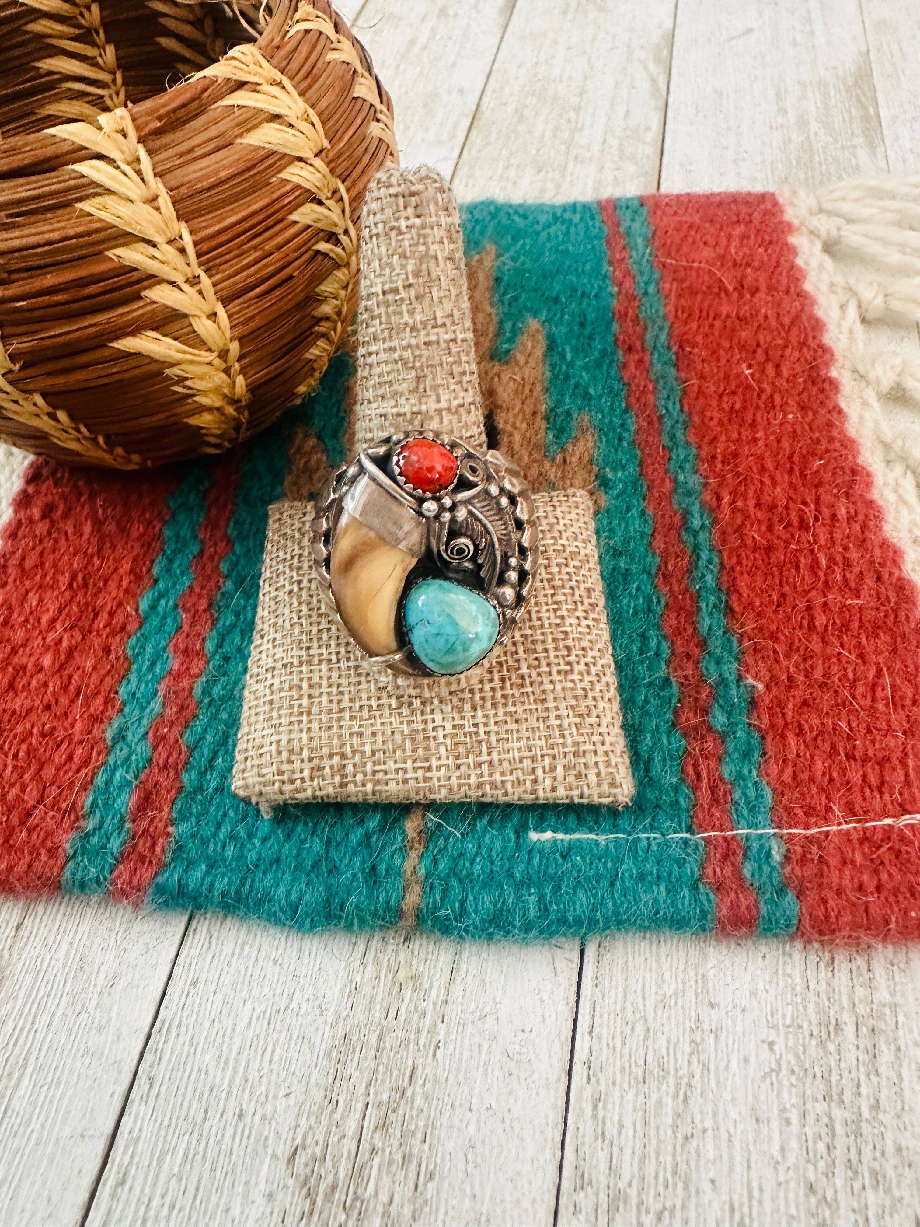 Handcrafted Old Pawn  Sterling Silver, Turquoise & Coral Claw Ring Size 11.5