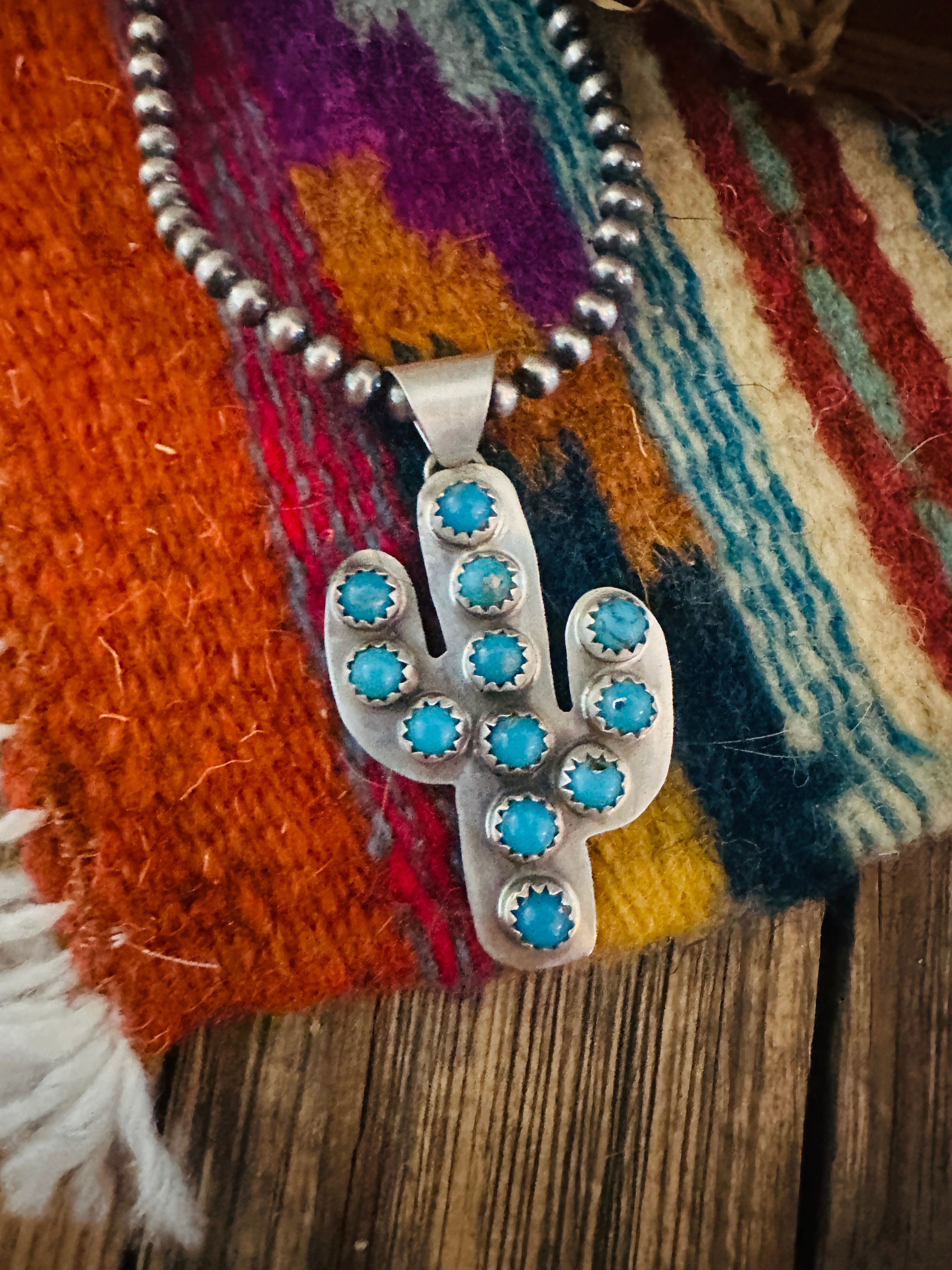 Handcrafted Sterling Silver and Turquoise Cactus Pendant
