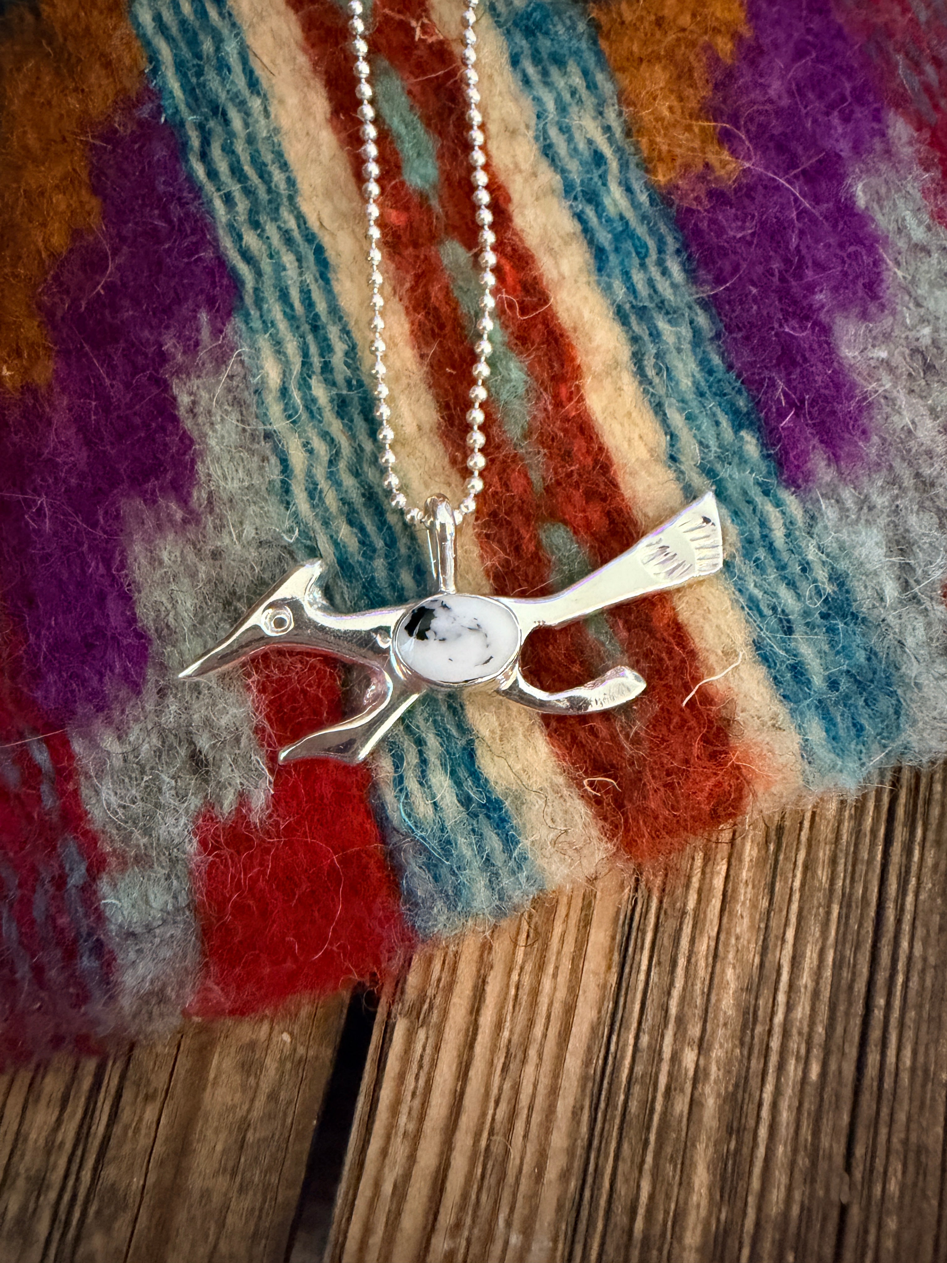 Handcrafted Sterling Silver & White Buffalo Road Runner Pendant by Joseph Martinez