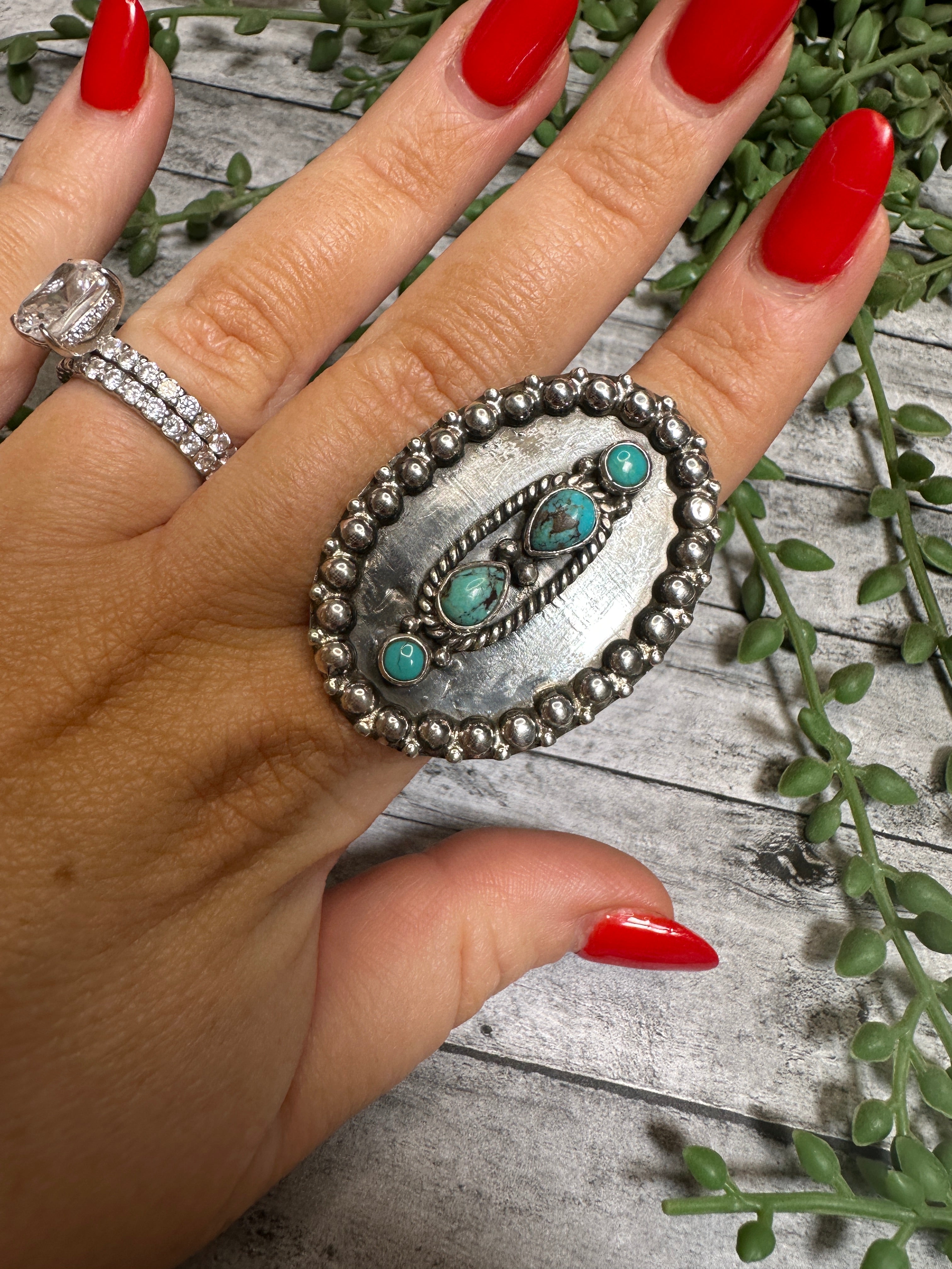 Beautiful Handmade Turquoise Sterling Silver Ball Adjustable Oval Ring