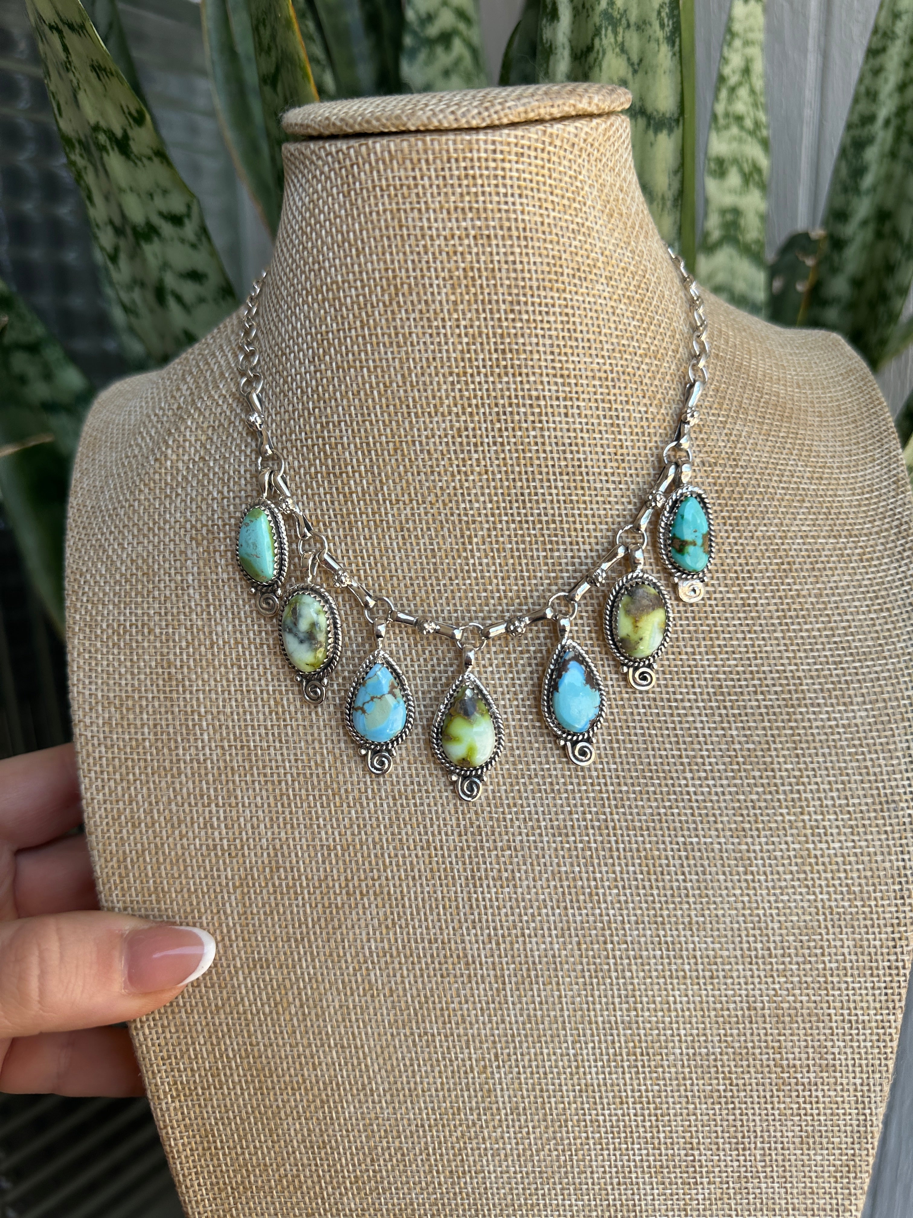 Beautiful Handmade Sterling Silver, Golden Hills Turquoise, Sonoran Turquoise & Palomino Turquoise Charm Necklace