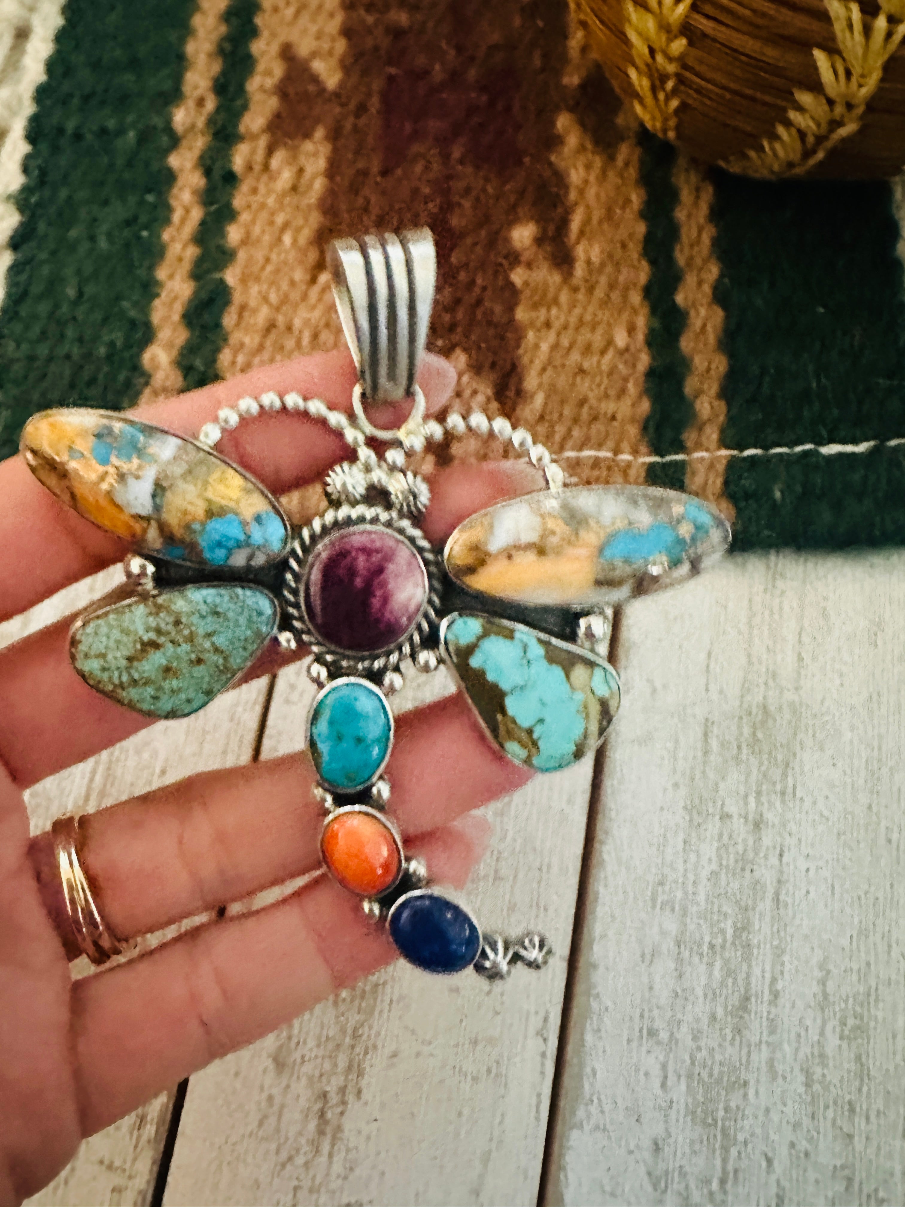 Navajo Multi Stone & Sterling Silver Dragonfly Pendant