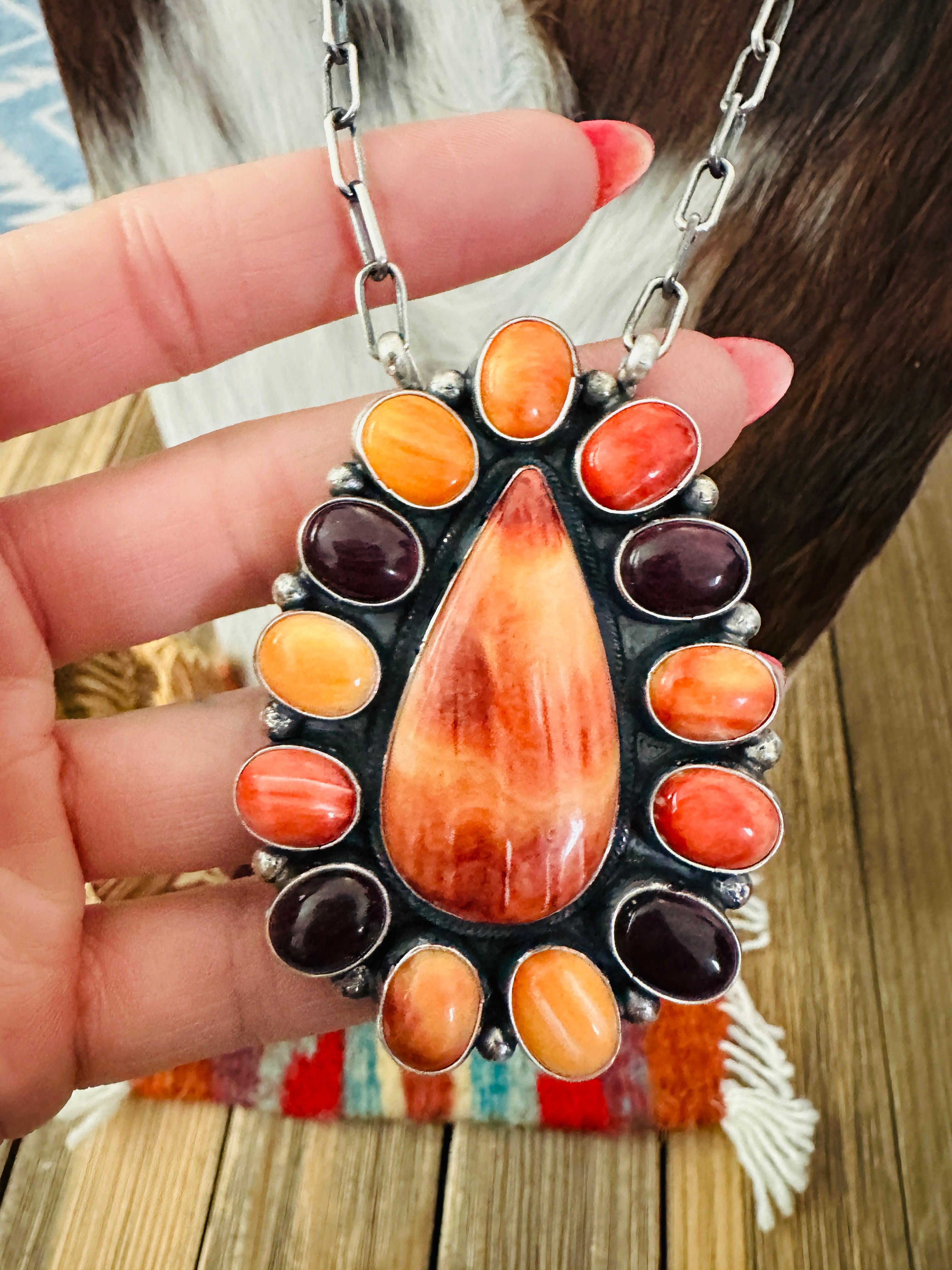 Handcrafted Multicolor Spiny Oyster & Sterling Silver Cluster Necklace by Sheila Becenti