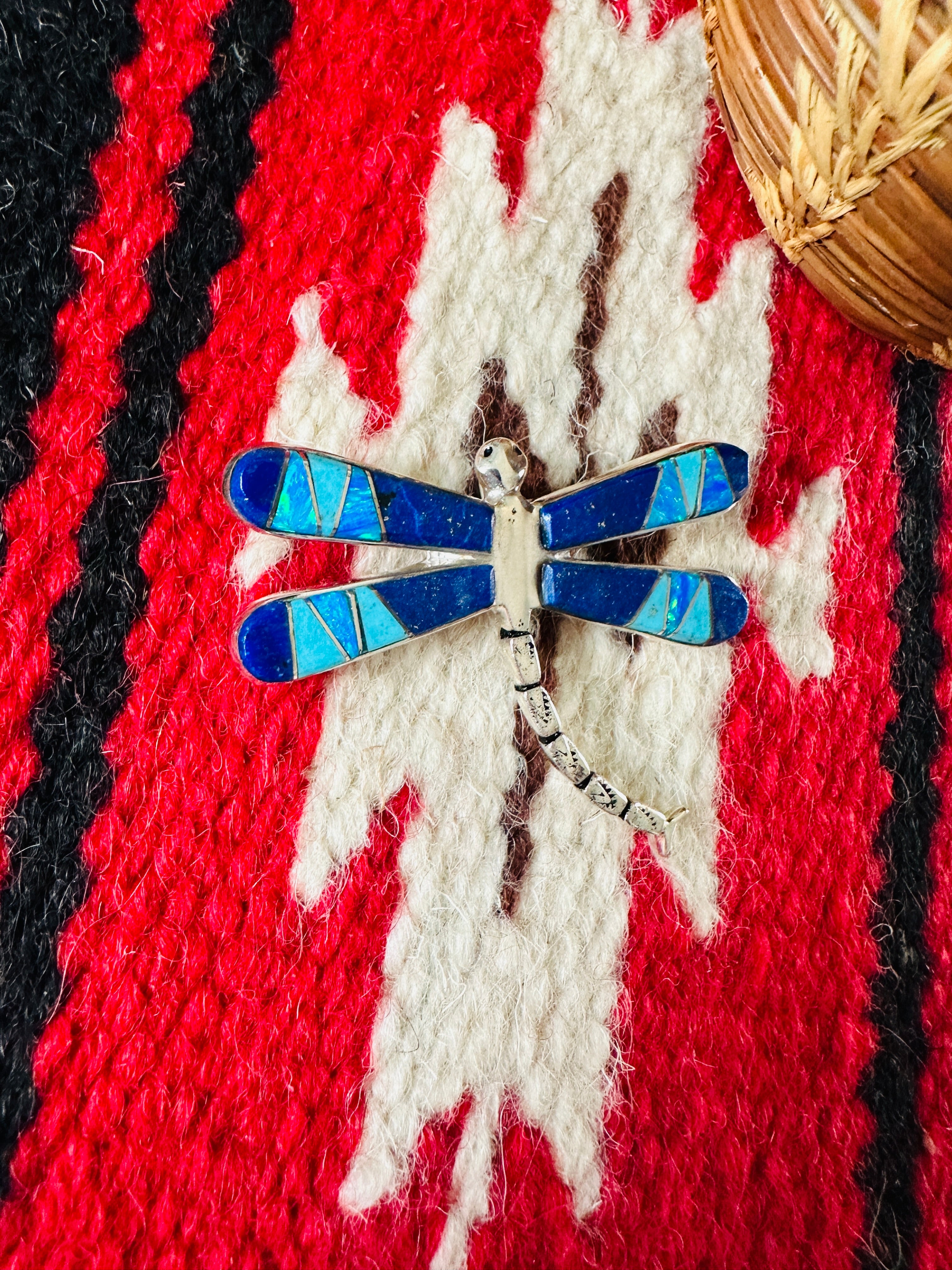 Navajo Sterling Silver and Multi Stone Inlay Dragonfly Brooch