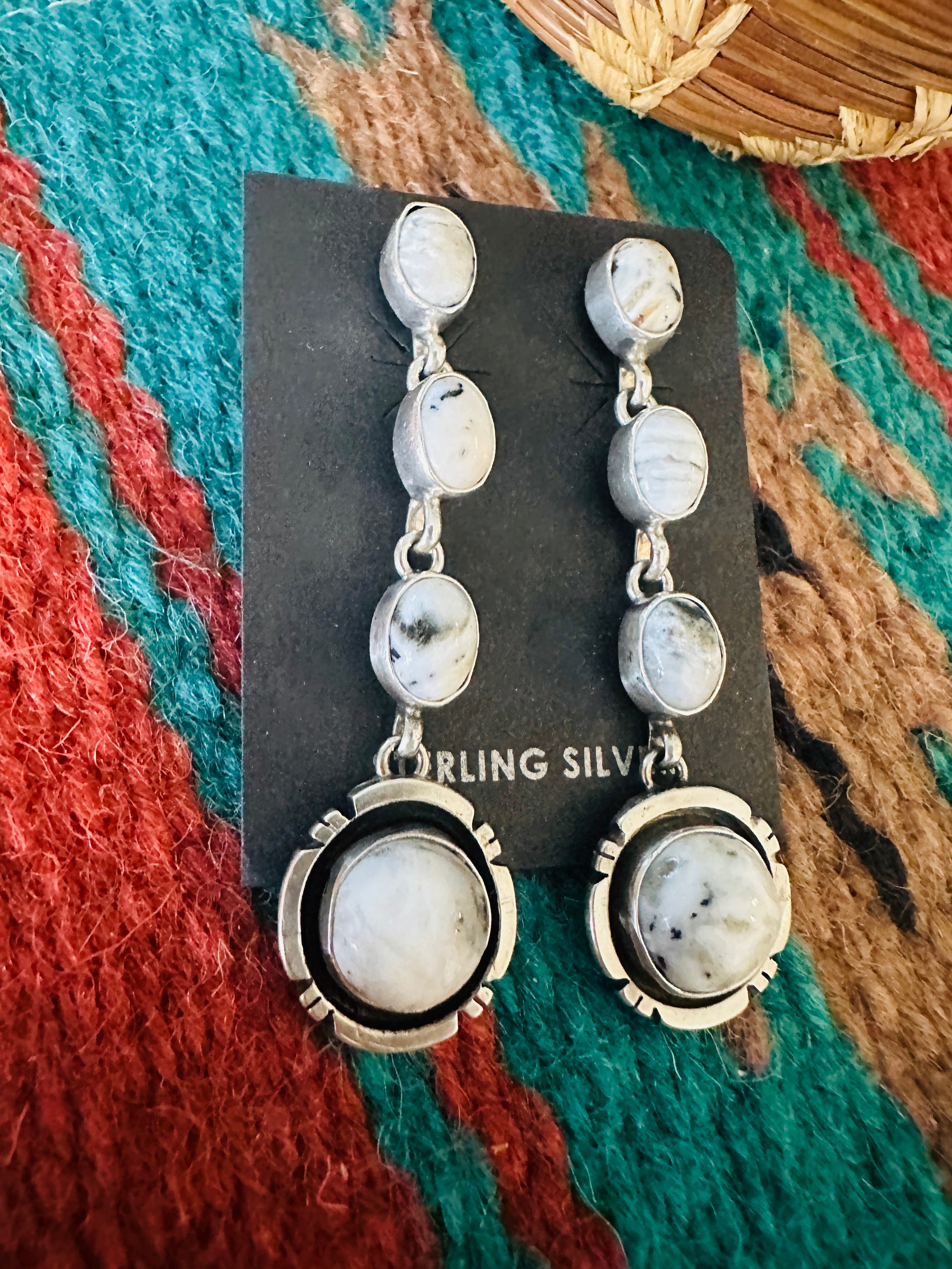 Navajo White Buffalo & Sterling Silver Dangle Earrings