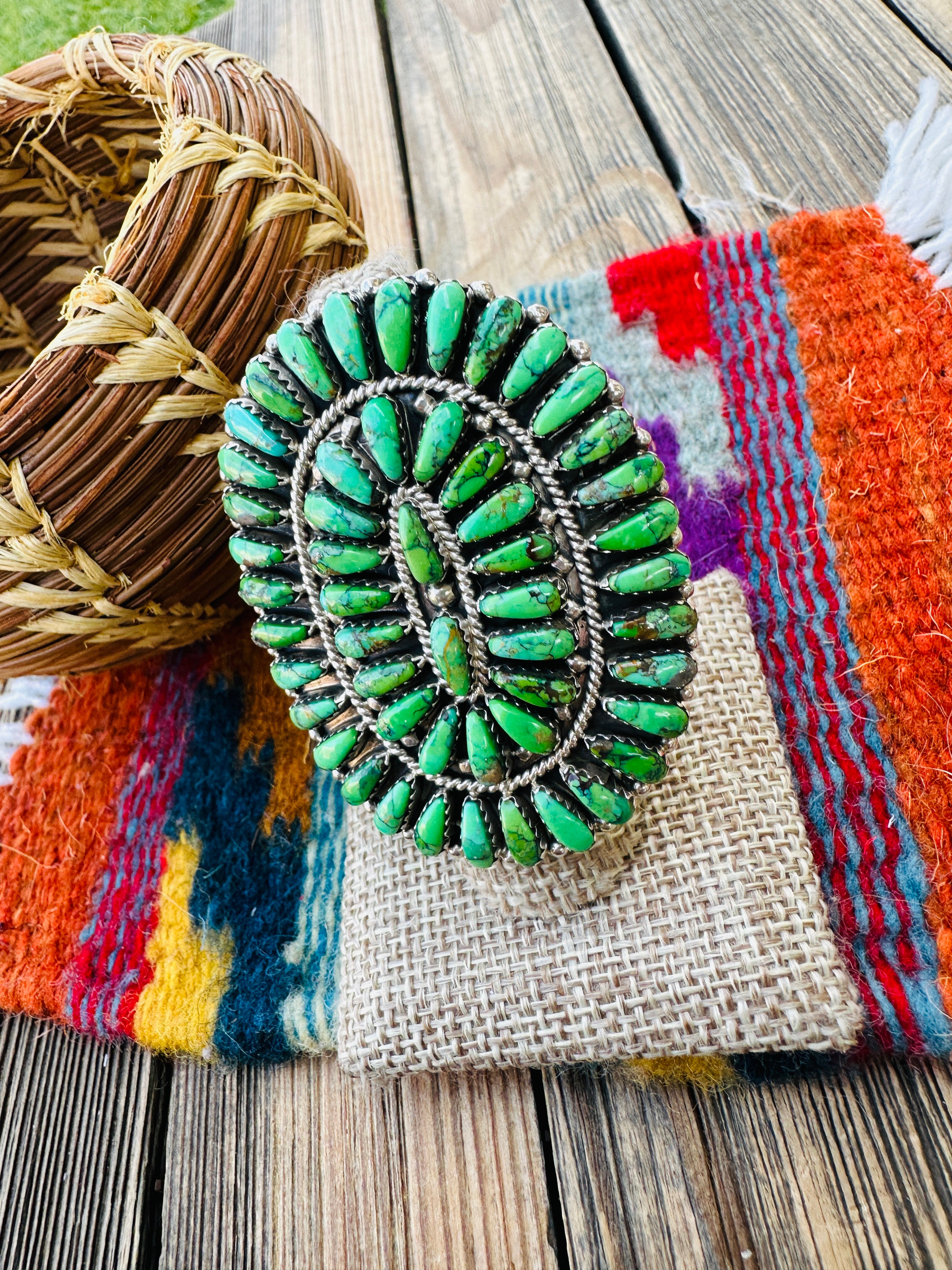Handcrafted Green Turquoise & Sterling Silver Cluster Adjustable Ring