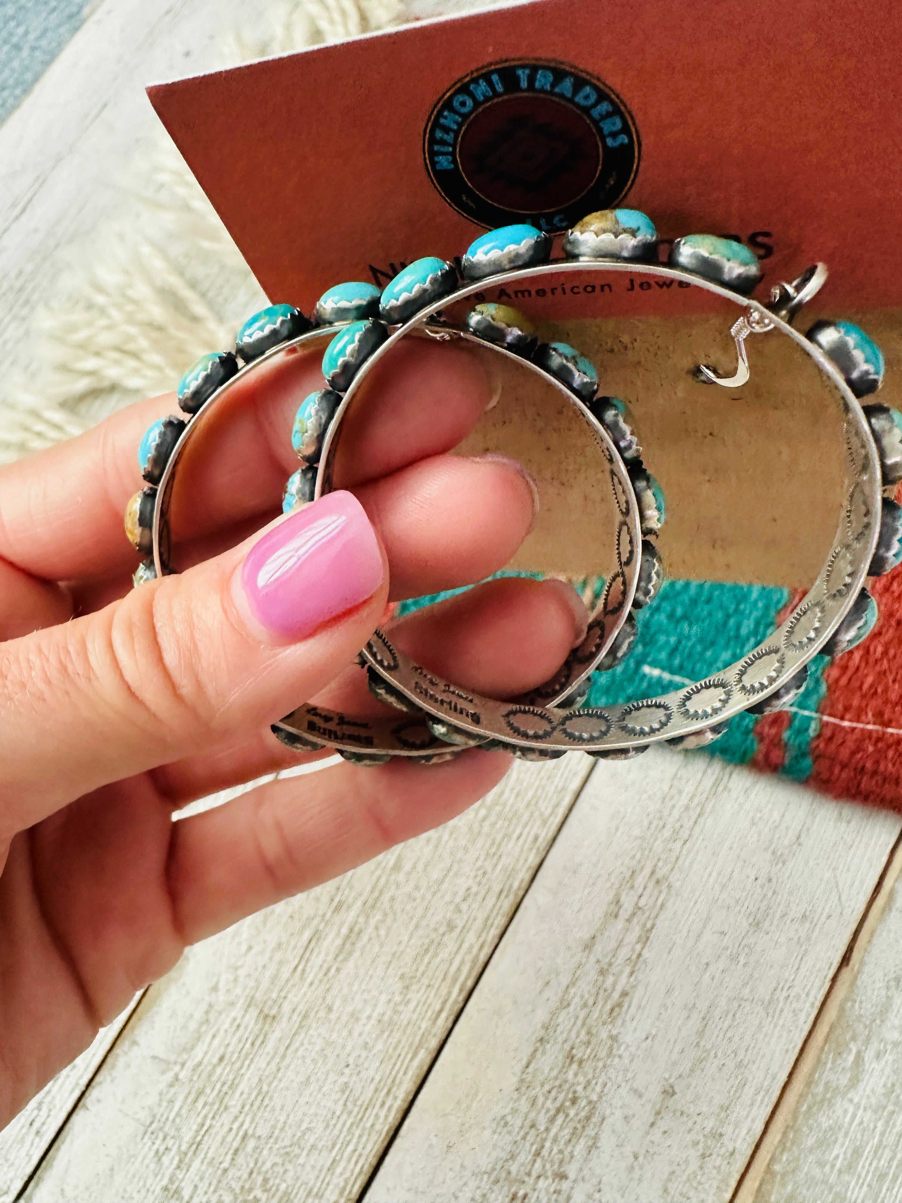 Navajo Turquoise & Sterling Silver Dangle Hoop Earrings by Lerry James