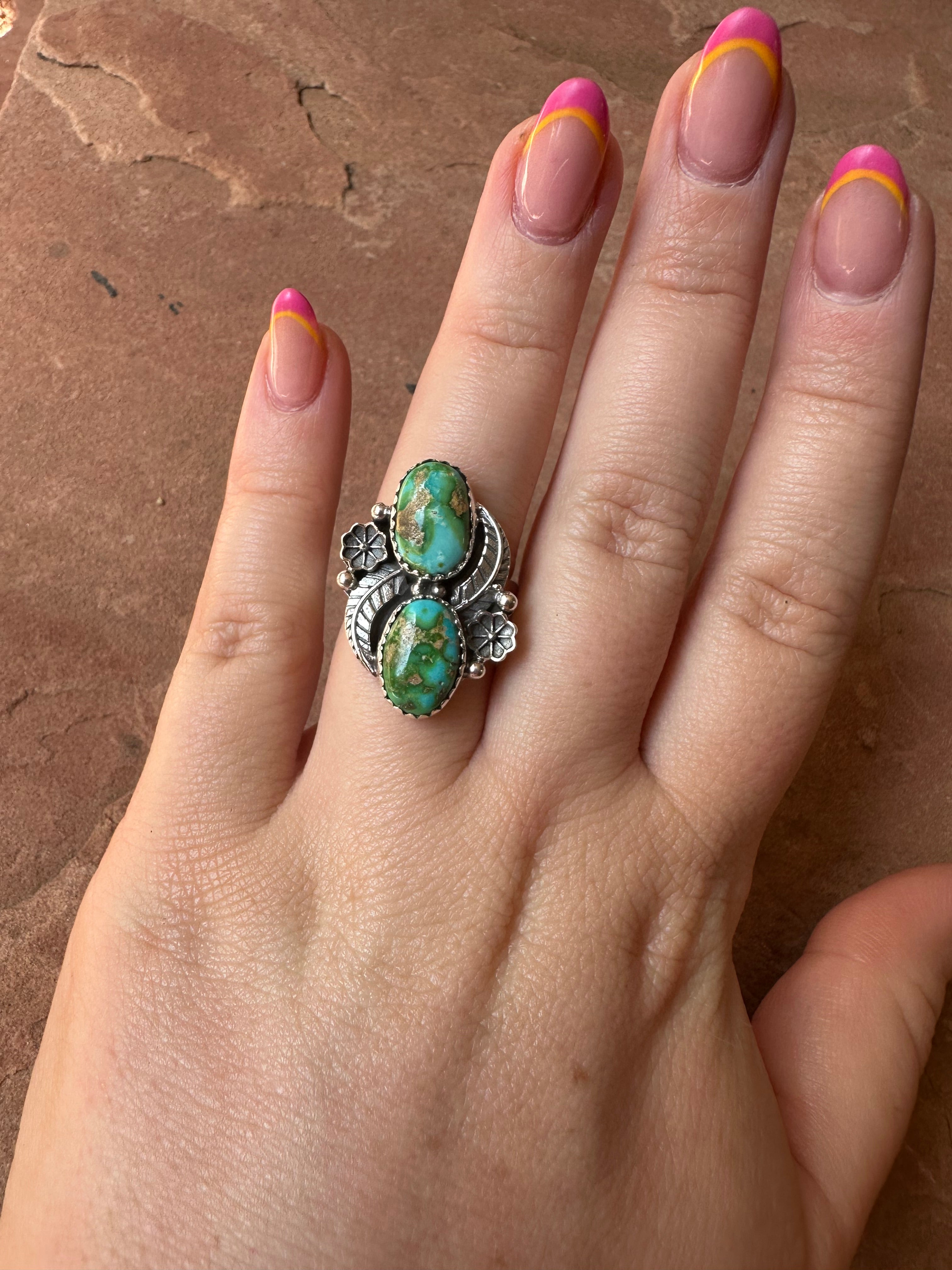 Beautiful Handmade Sonoran Turquoise And Sterling Silver Adjustable 2 Stone Flower Ring