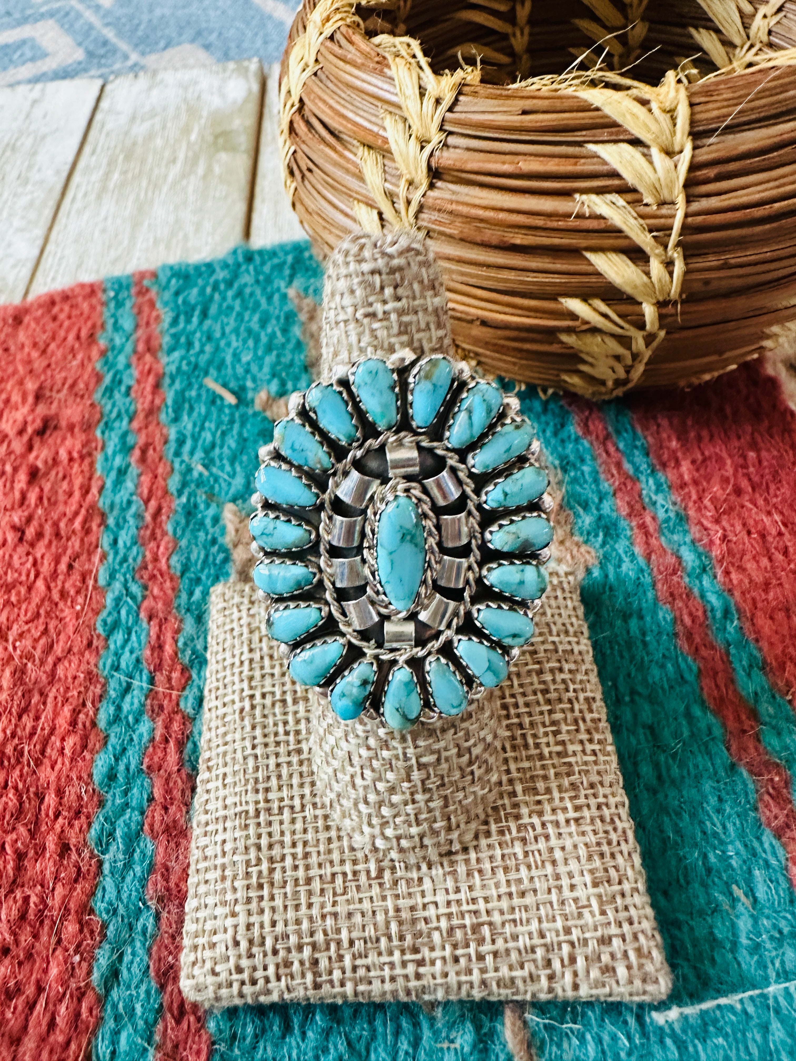 Handcrafted Turquoise & Sterling Silver Cluster Ring Size by Leander Nez