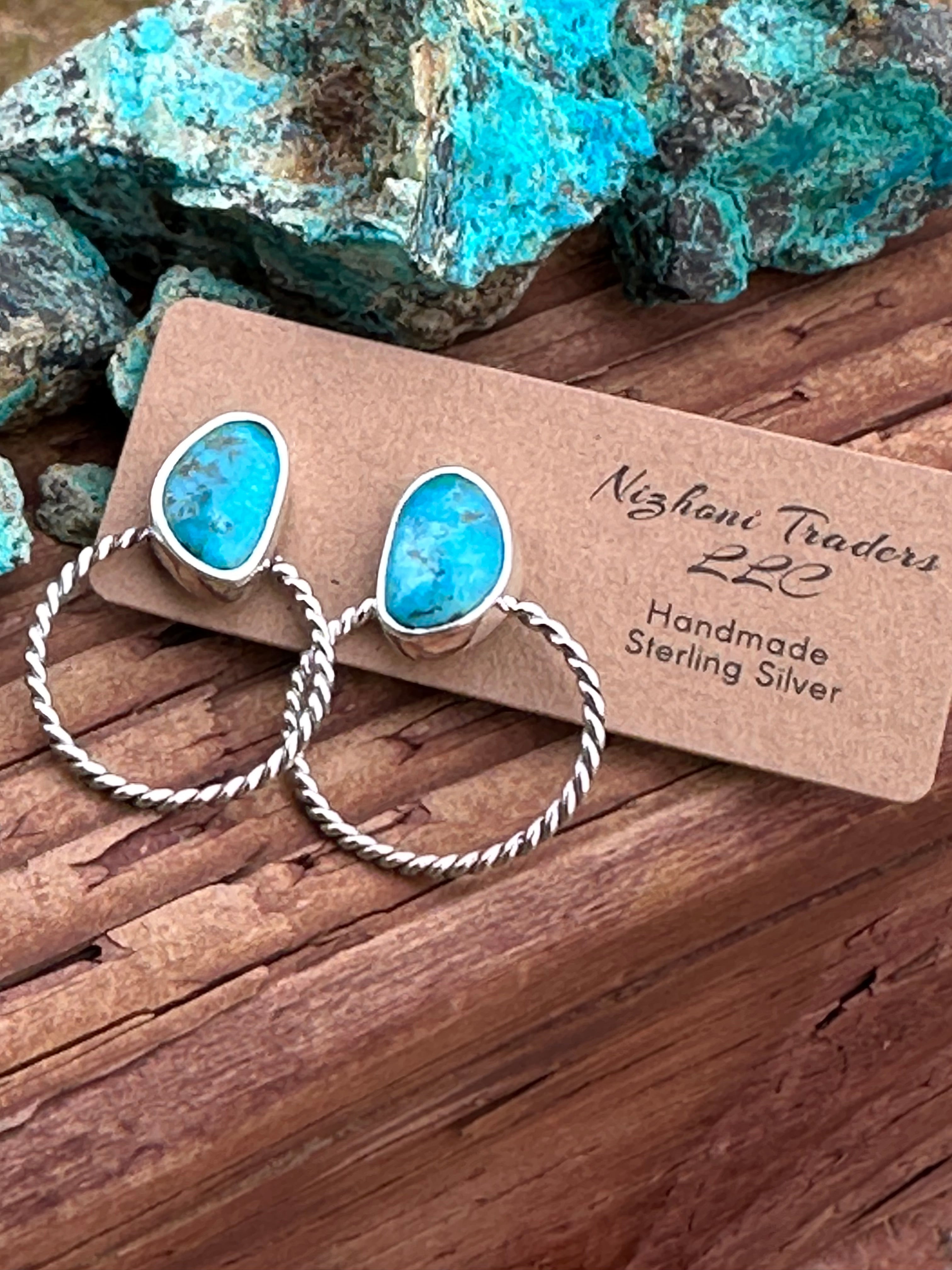 Handmade Kingman Turquoise & Sterling Silver Twisted Hoop Earrings