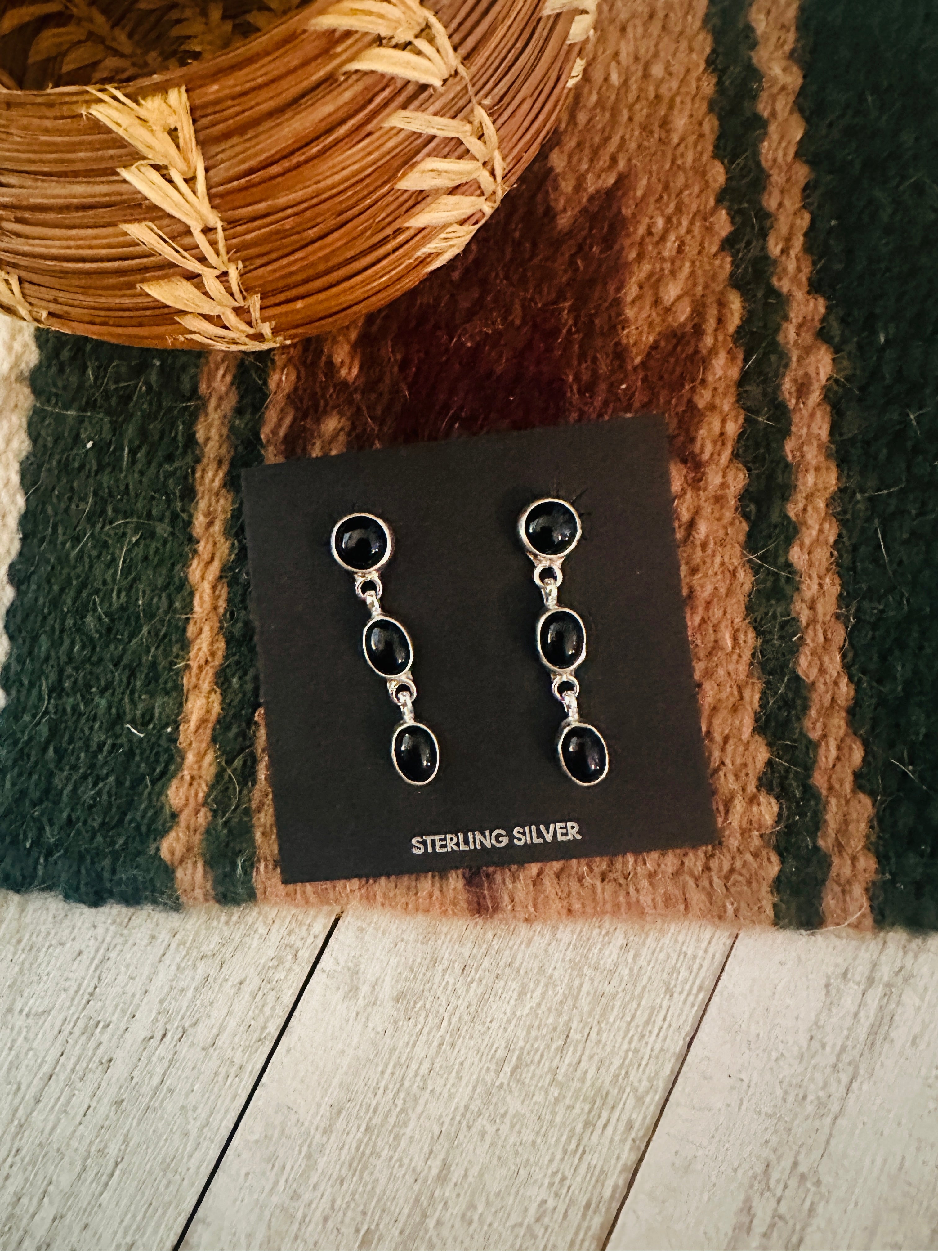 Navajo Onyx & Sterling Silver Dangle Earrings