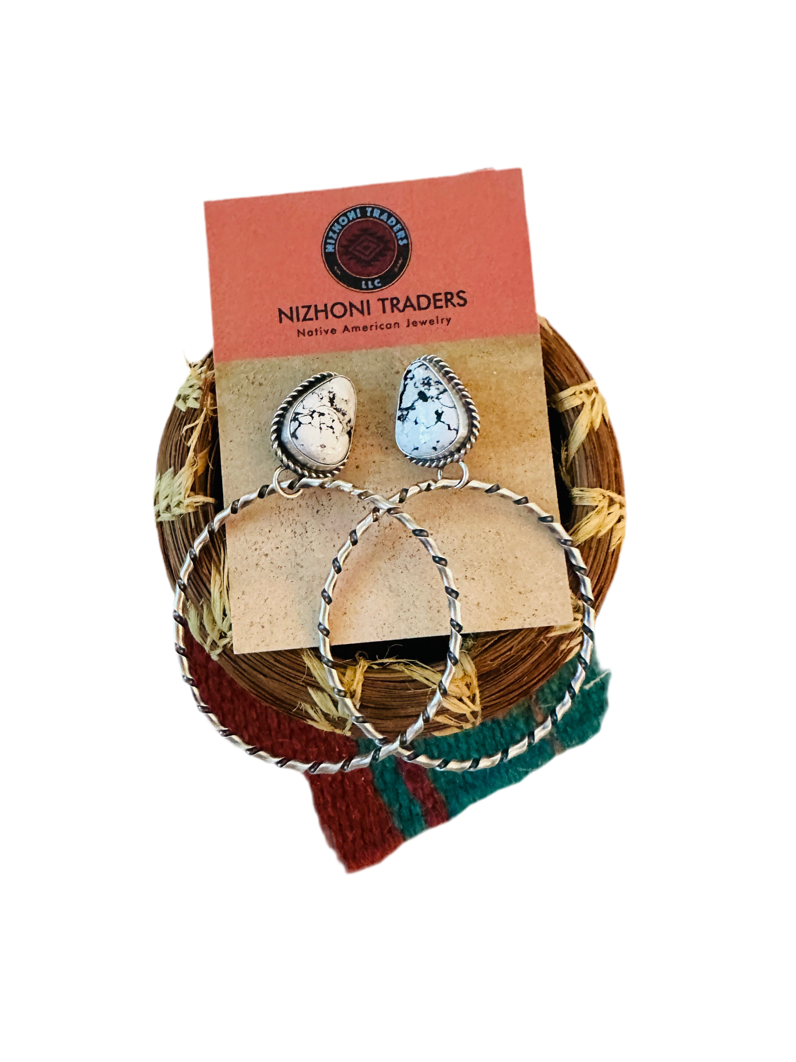 Navajo White Buffalo and Sterling Silver Dangle Hoop Earrings