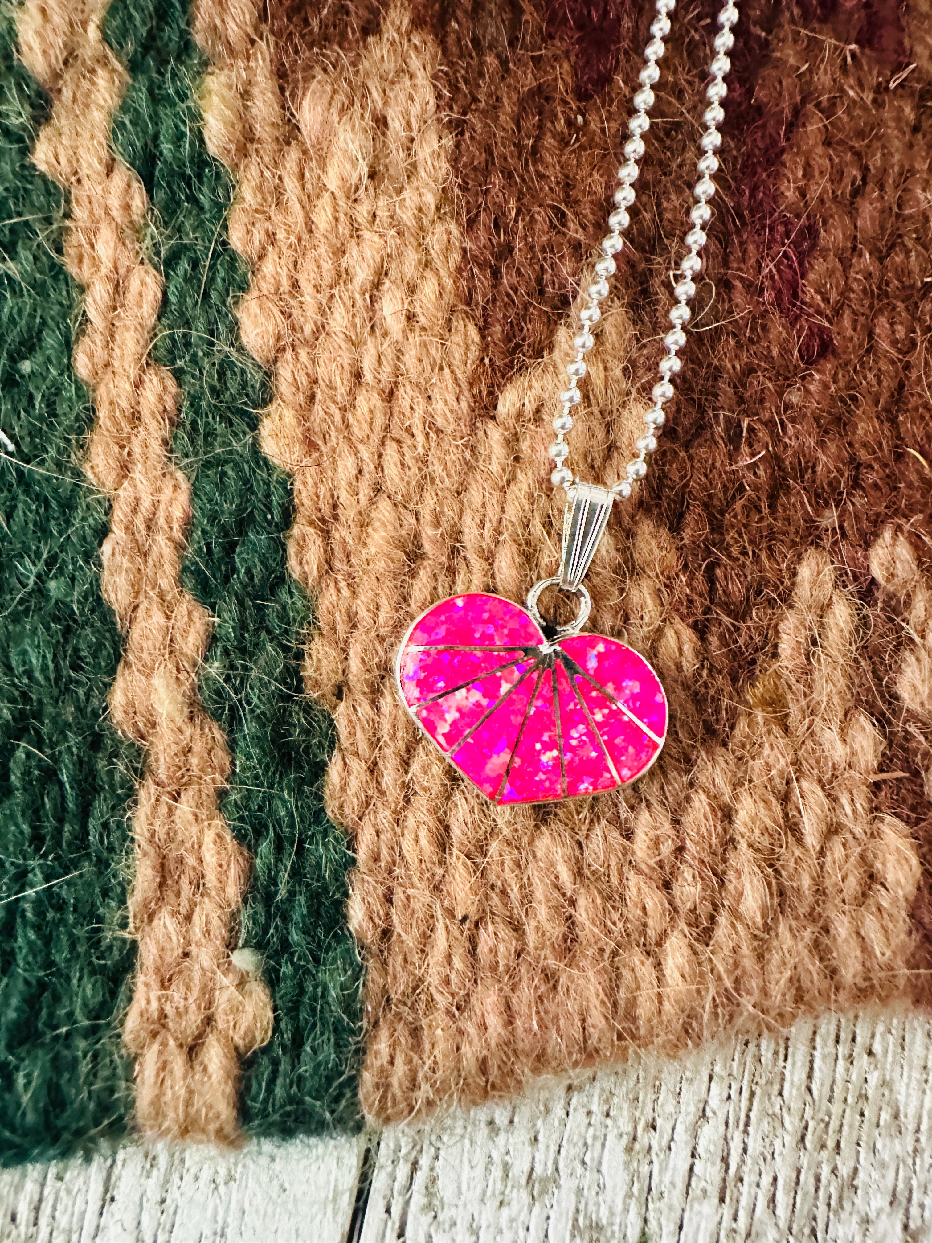 Handcrafted Hot Pink Opal & Sterling Silver Inlay Heart Pendant