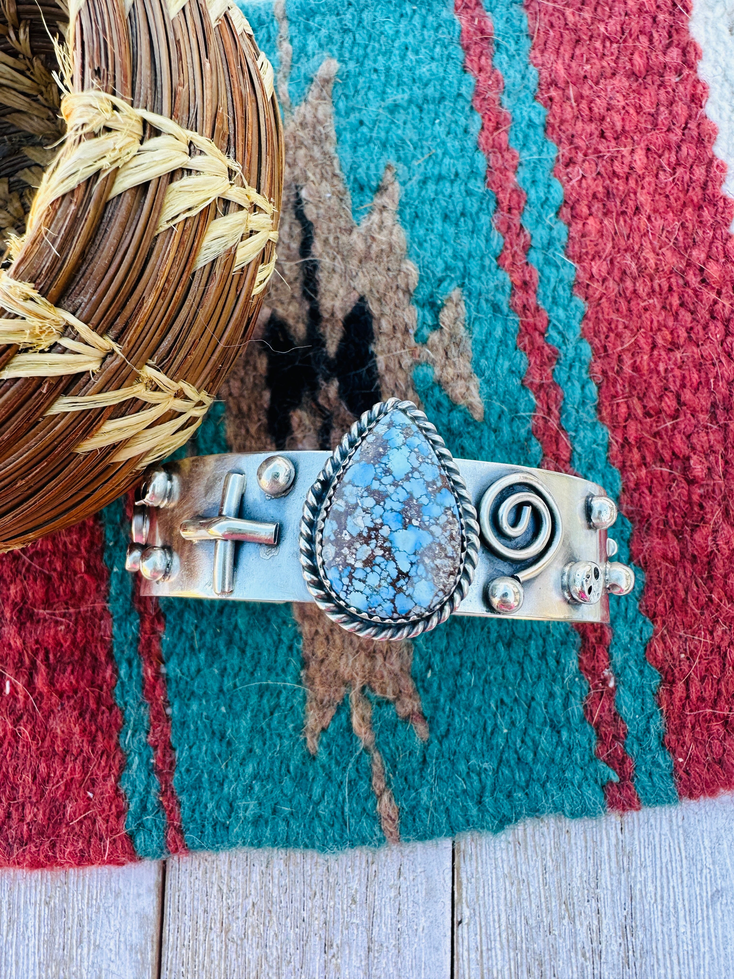 Handcrafted Sterling Silver & Golden Hills Turquoise Cuff Bracelet by Delbert Santos