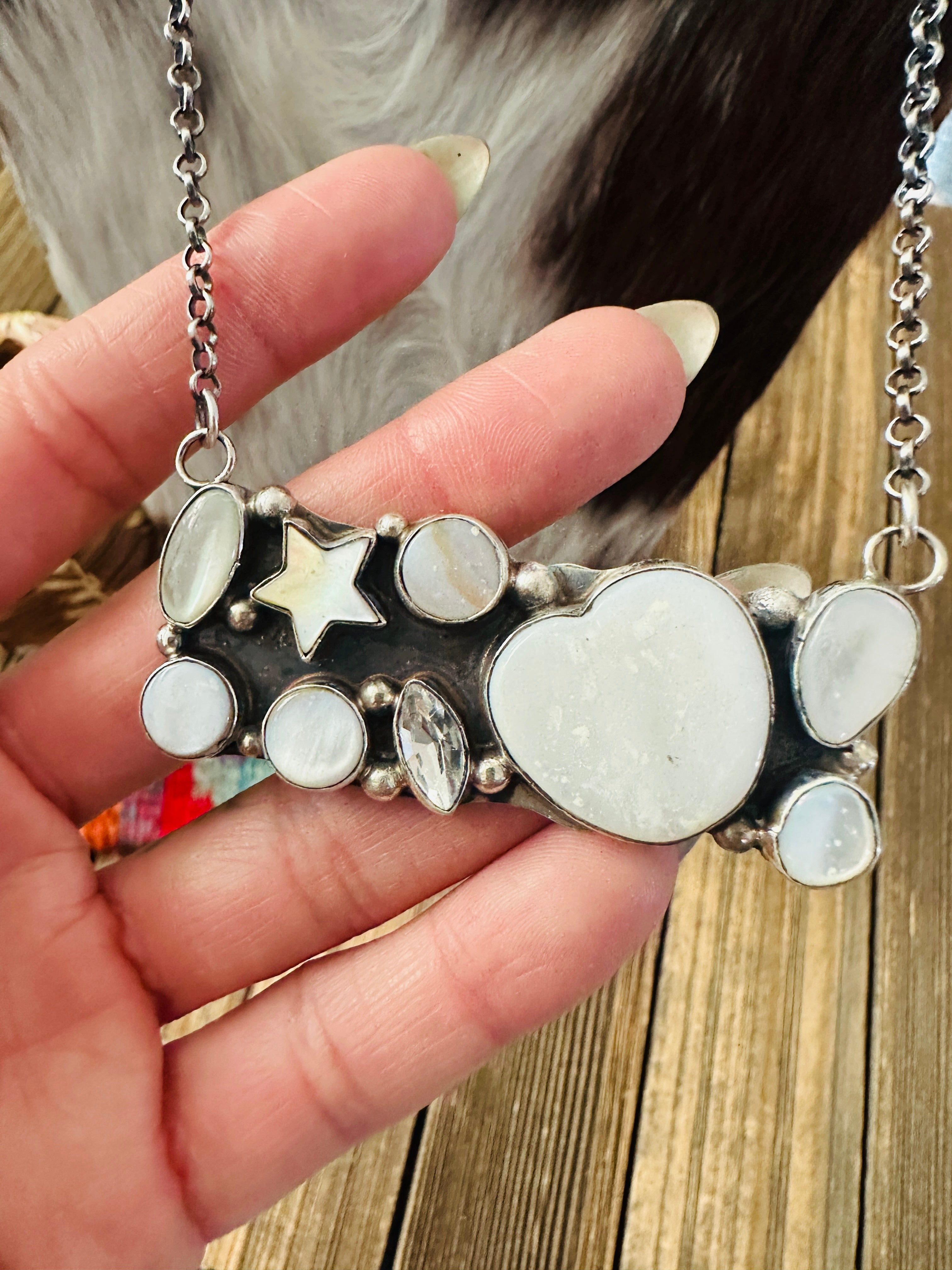 Handcrafted Mother of Pearl, CZ & Sterling Silver Bar Necklace by Jacqueline Silver