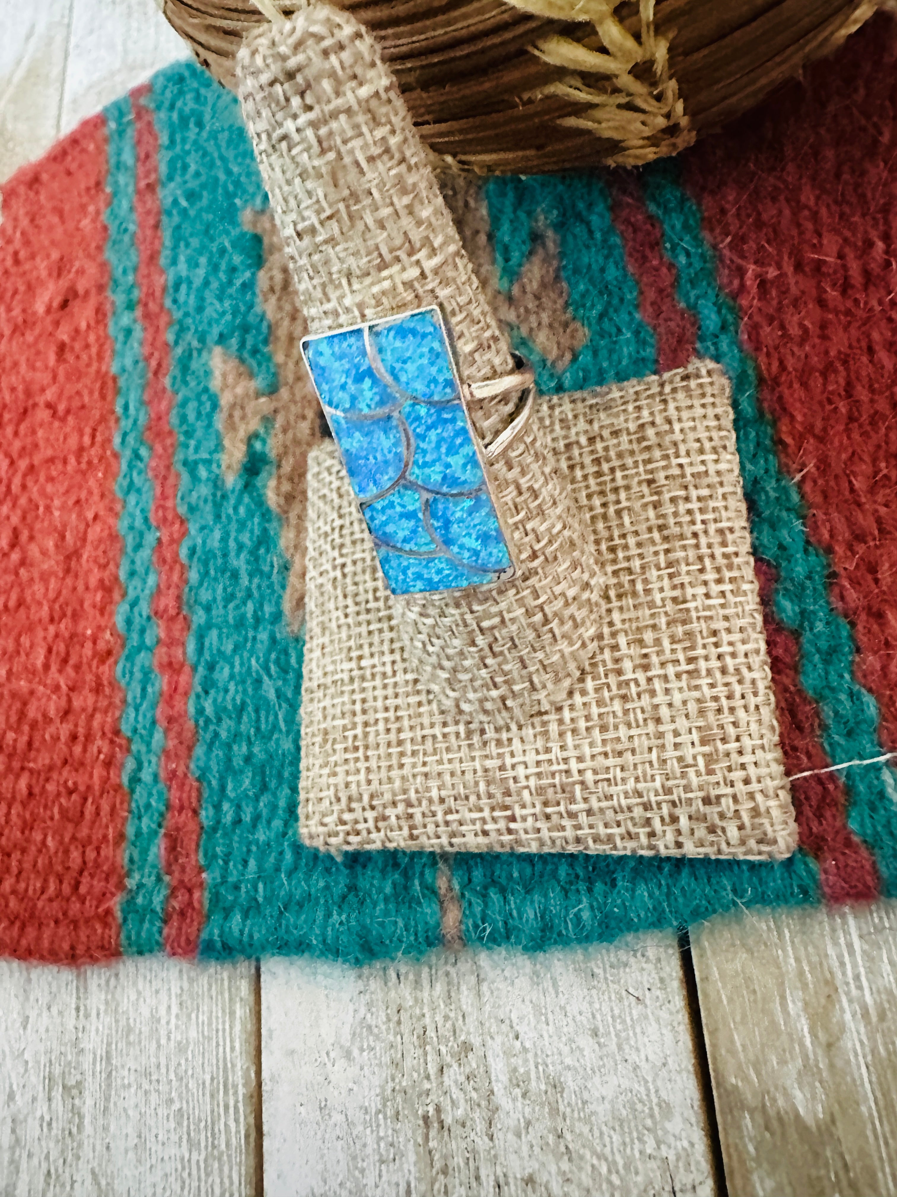 Handcrafted Sterling Silver & Blue Opal Inlay Ring Size 8