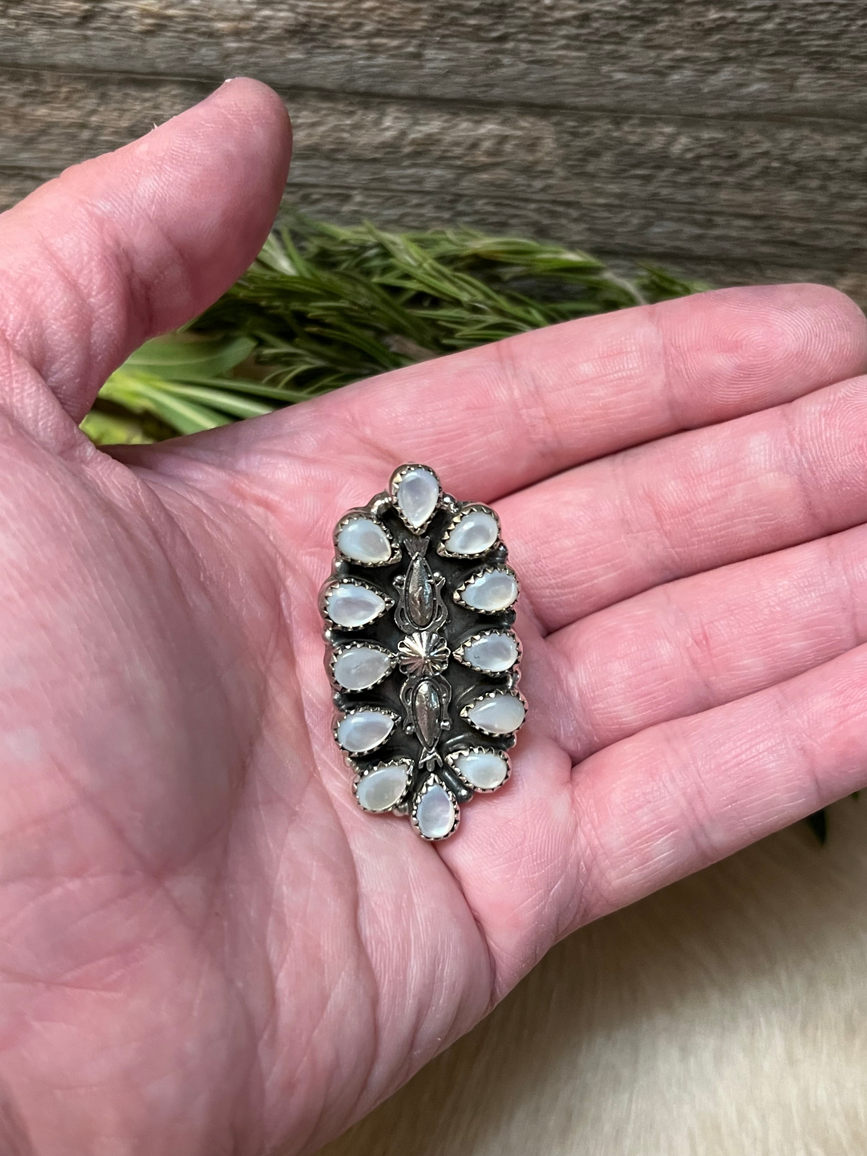 Handmade Mother Of Pearl Sterling Silver Concho Adjustable Statement Ring
