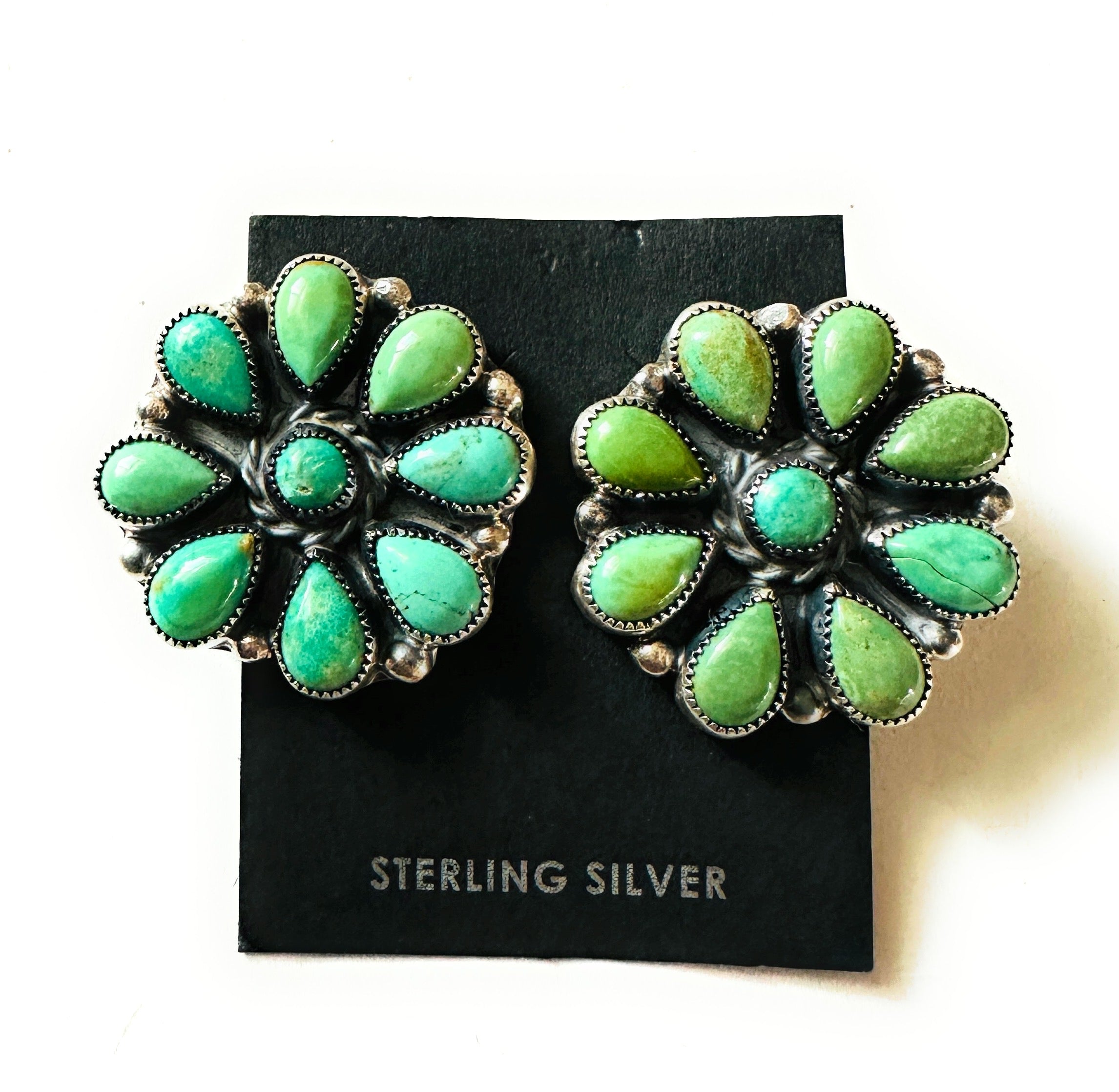 Navajo Sterling Silver & Green Turquoise Cluster Stud Earrings 1 1/8”