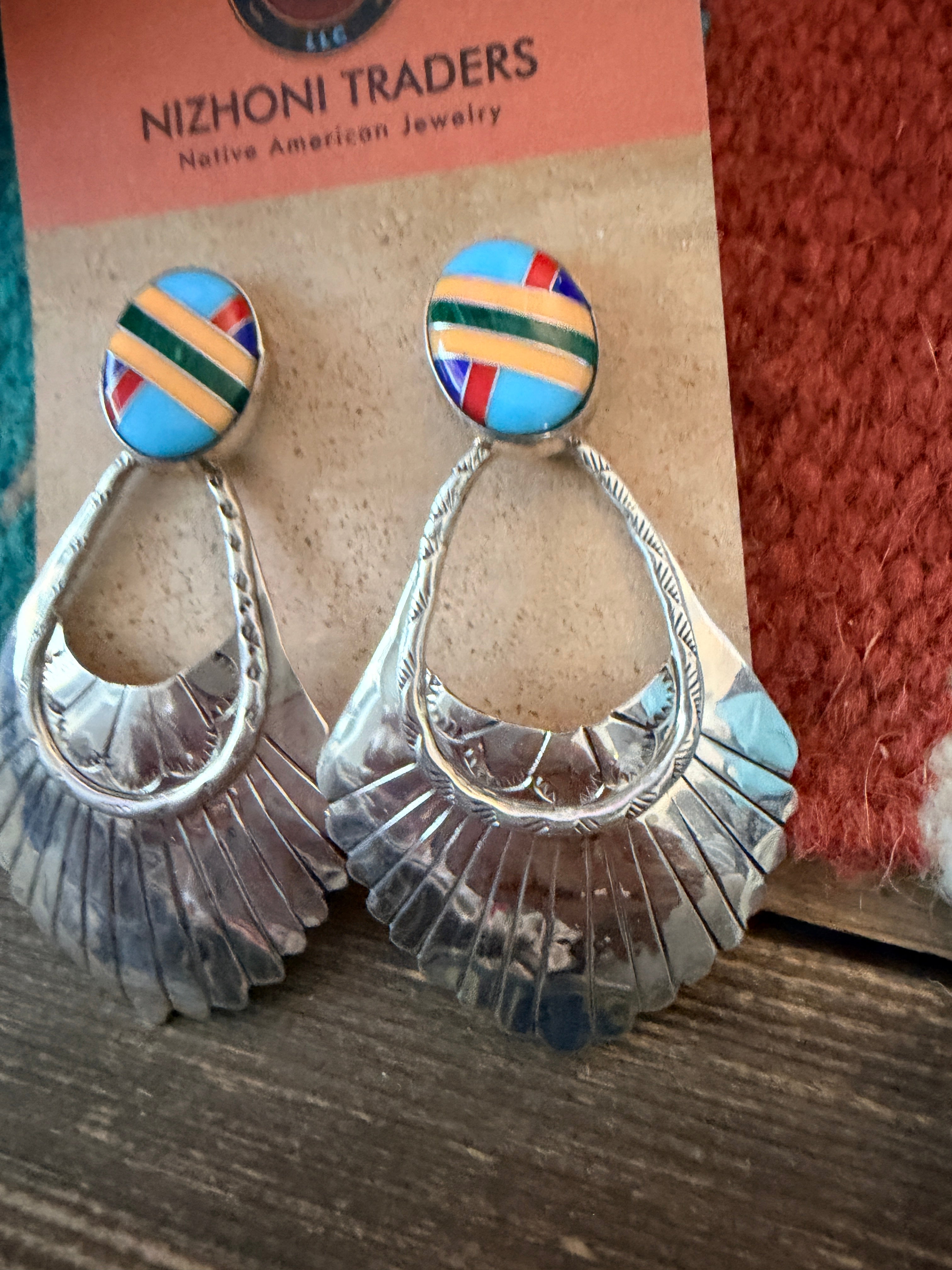 Handcrafted Multi Stone & Sterling Silver Concho Dangle Earrings