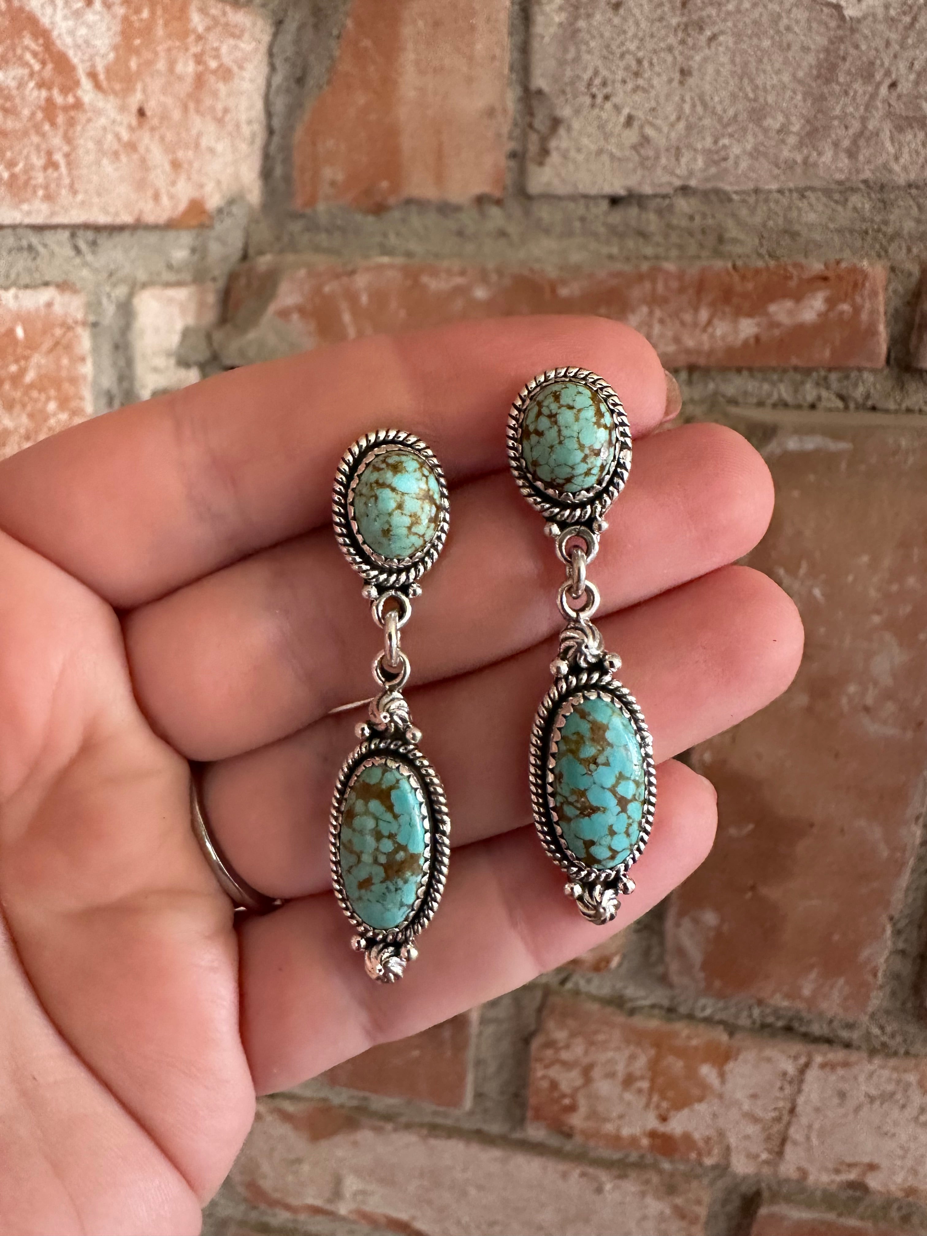 Handmade Number 8 Turquoise and Sterling Silver 2 Stone Dangles