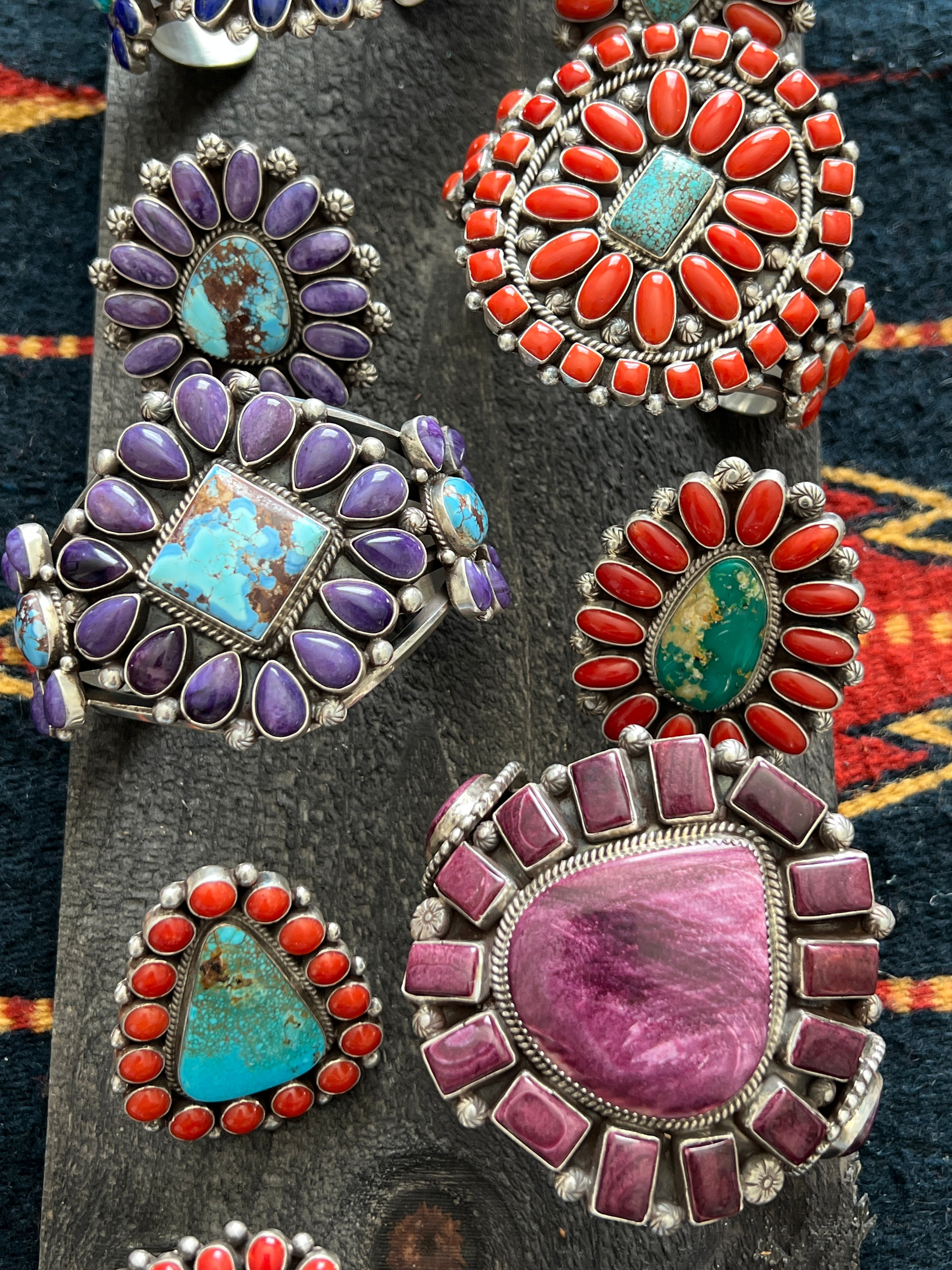 Handcrafted Sterling Silver, Royston Turquoise and Mediterranean Coral Cluster Ring by Tyler Brown, Adjustable