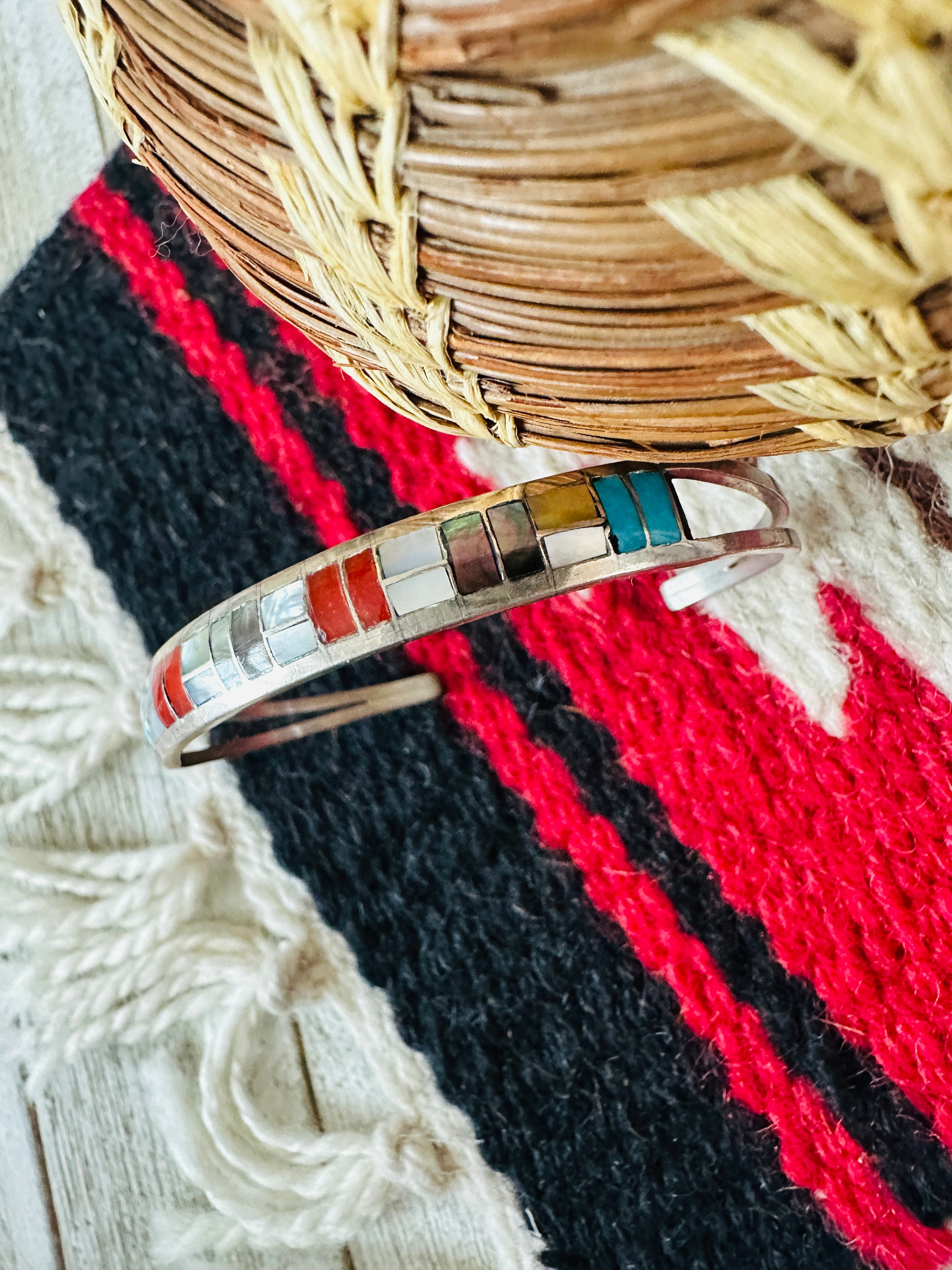 Handcrafted Multi Stone & Sterling Silver Inlay Cuff Bracelet