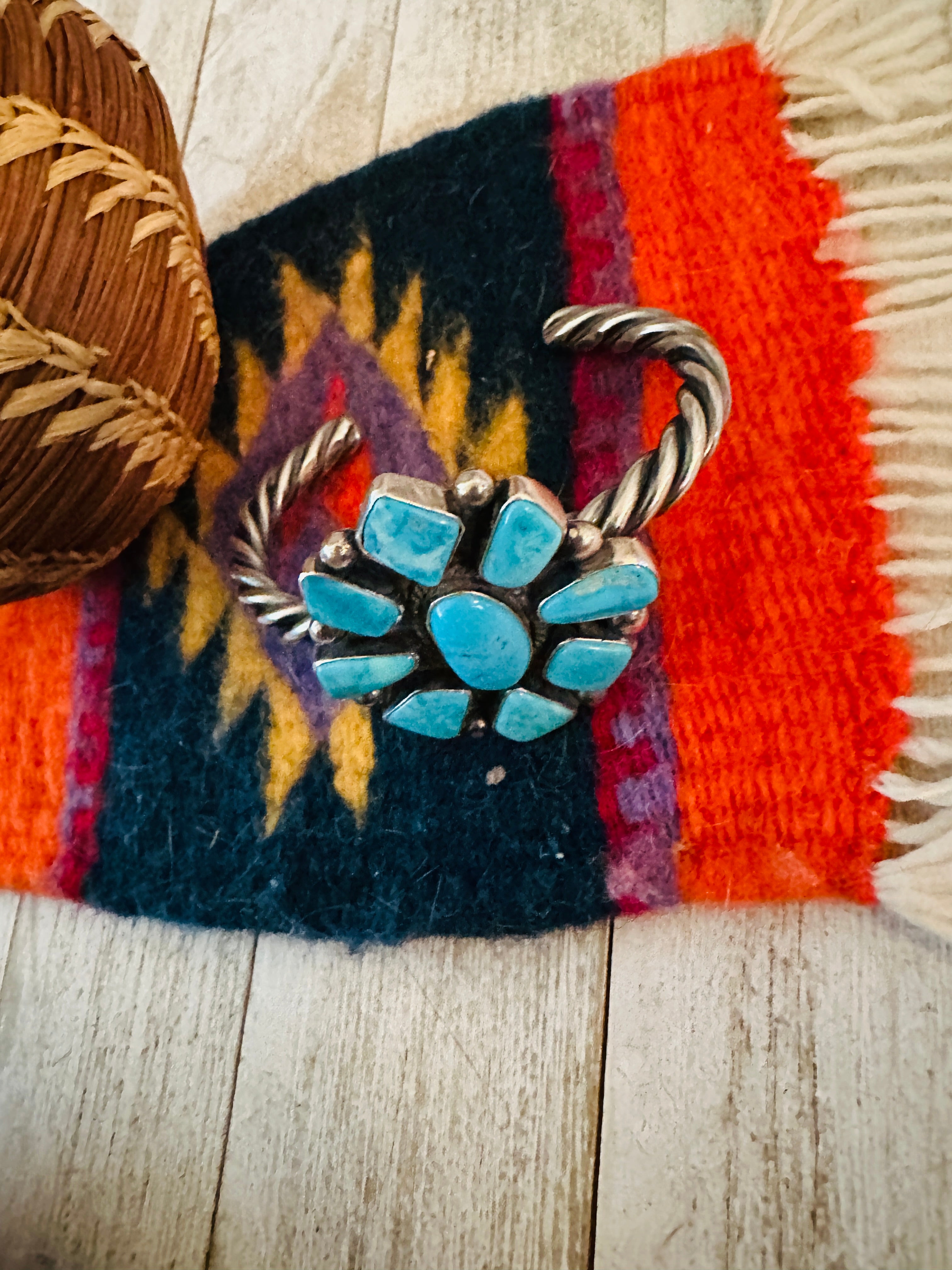 Navajo Kingman Turquoise & Sterling Silver Cluster Cuff Bracelet